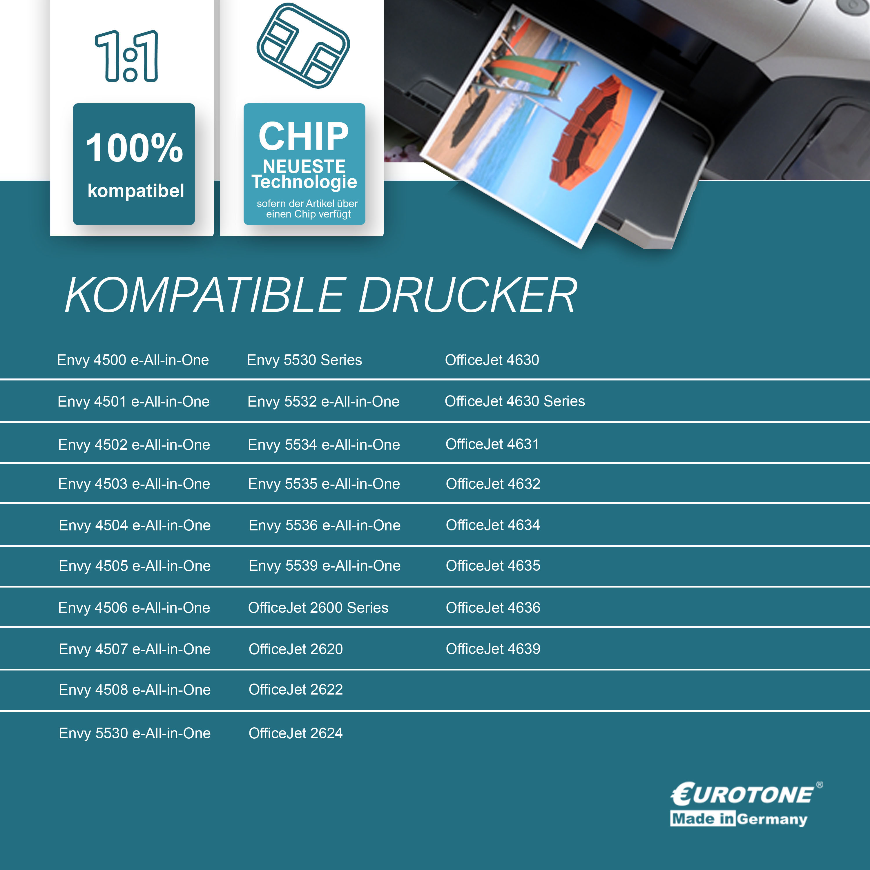 Bild zeigt Drucker und Grafiken mit Text wie '1:1', '100% kompatibel' und einem Chip-Symbol.