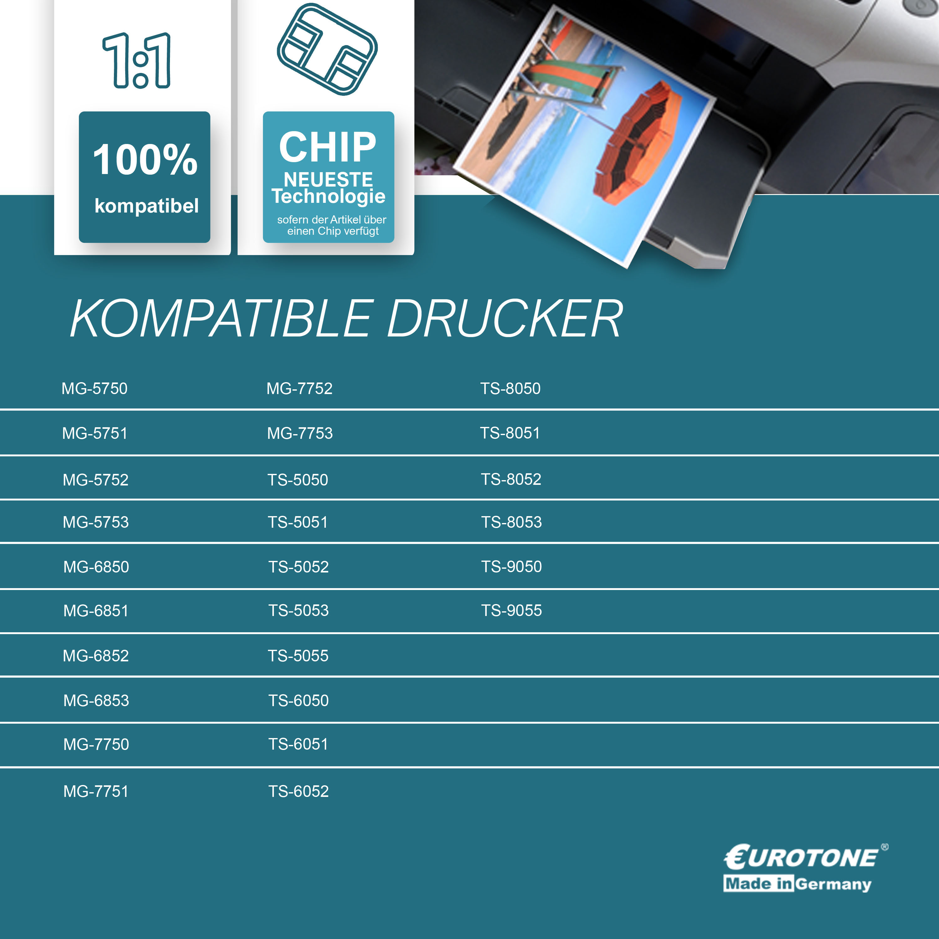 Drucker mit Bildern und einer Liste kompatibler Drucker. Eurotone-Logo unten.