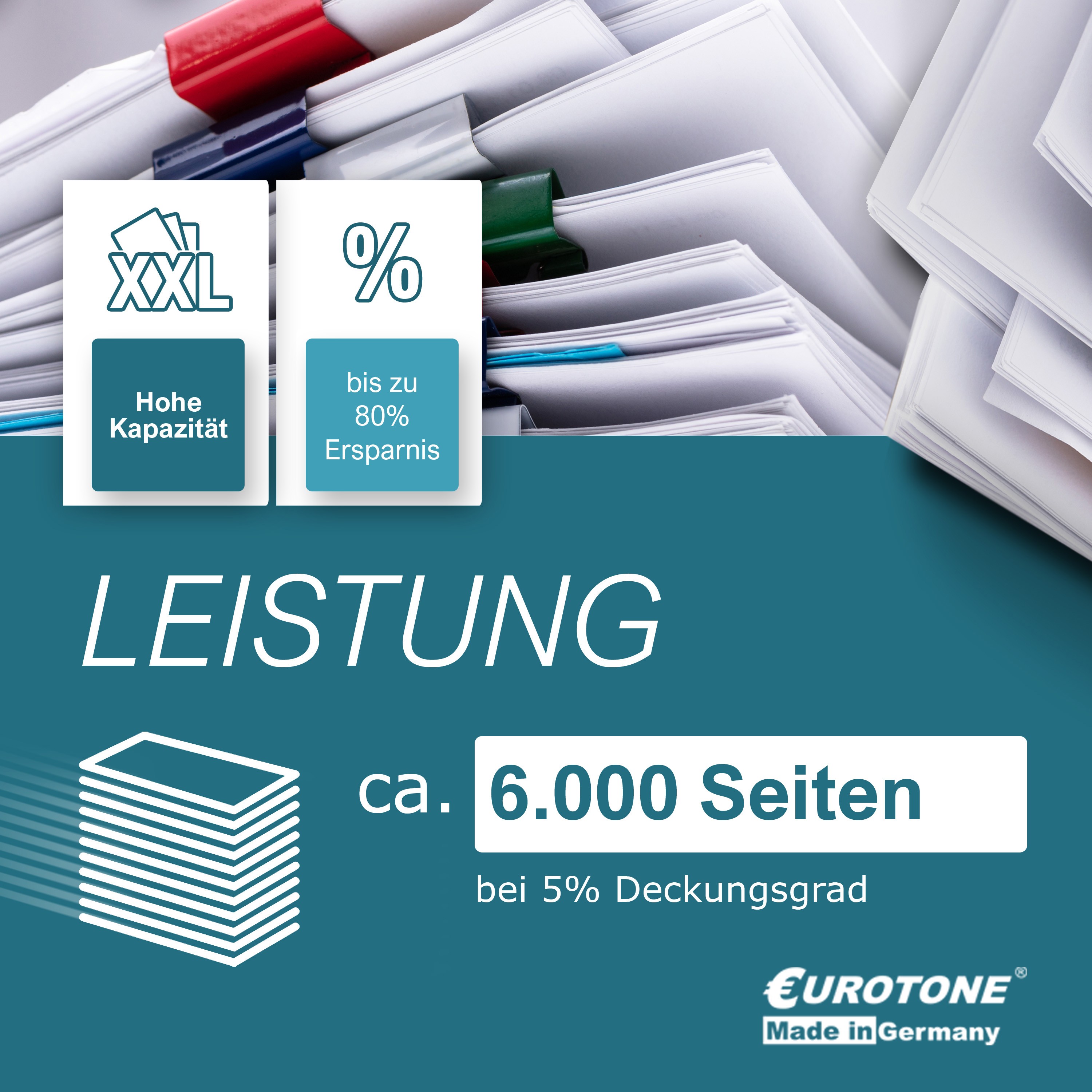 Ein Papierstapel mit Texten zu Leistung und Kapazität, außerdem ein Logo auf blauem Hintergrund.