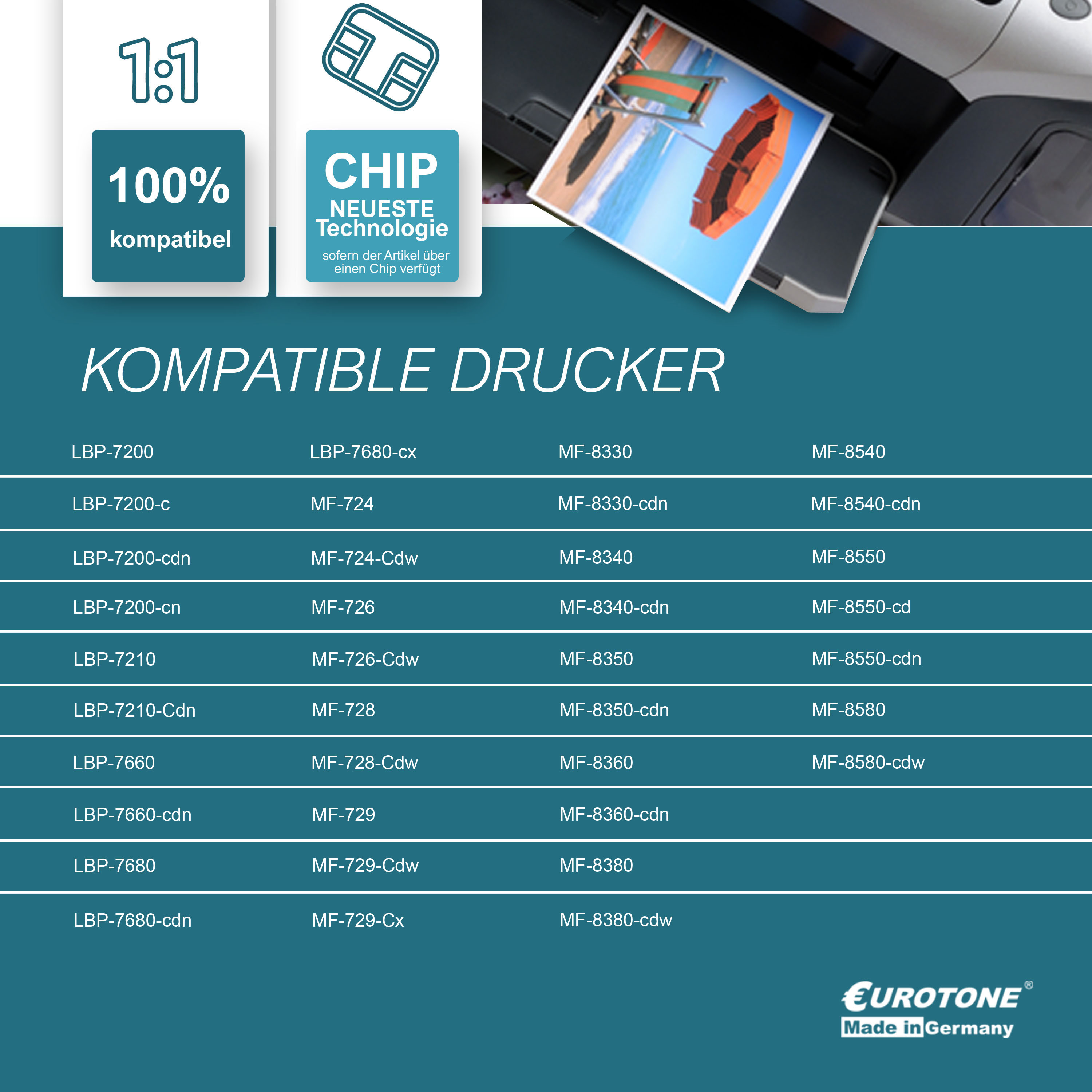 Bild zeigt Drucker mit Papierausdruck. Text: 100% kompatibel, Chip-Technologie. Liste der Druckermodelle.