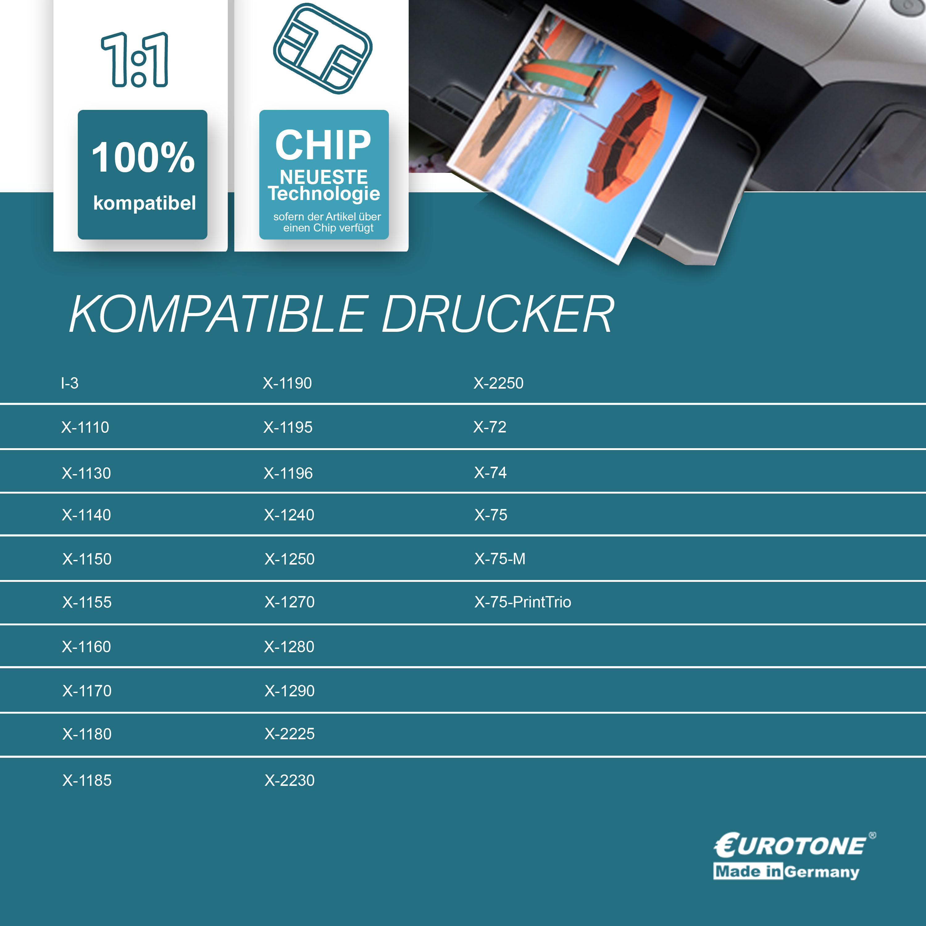 Das Bild zeigt einen Drucker mit einem Ausdruck und eine Liste kompatibler Druckermodelle.