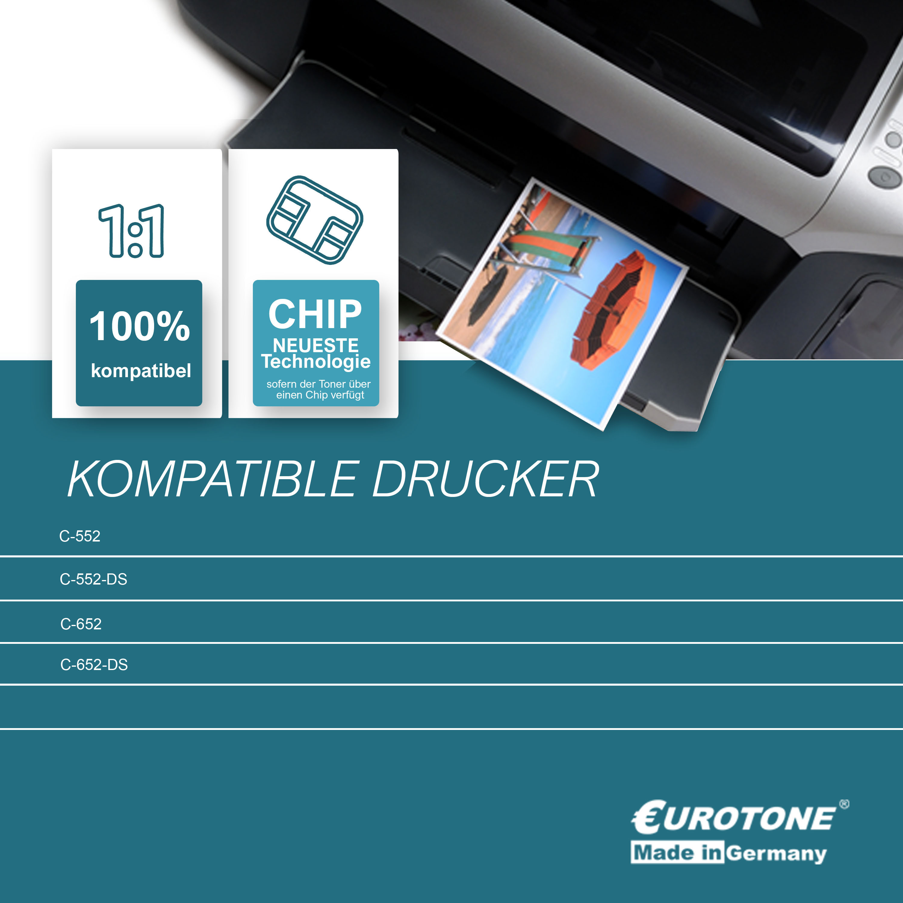 Ein Drucker mit einem Bild einer Strandszene. Symbole und Text über Kompatibilität und Chip-Technologie.