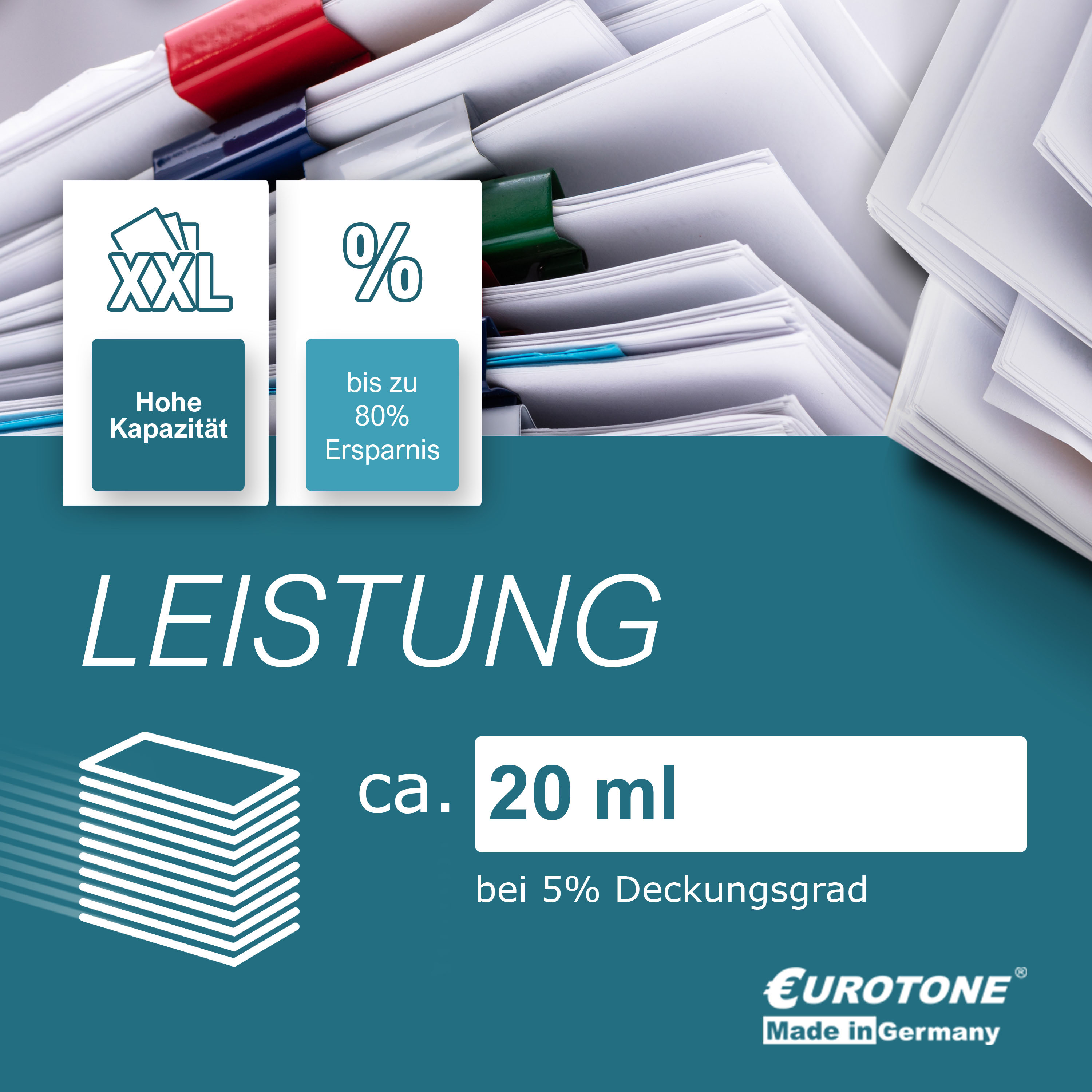 Stapel Papier mit Texten über Leistung, XXL-Kapazität und 20 ml.