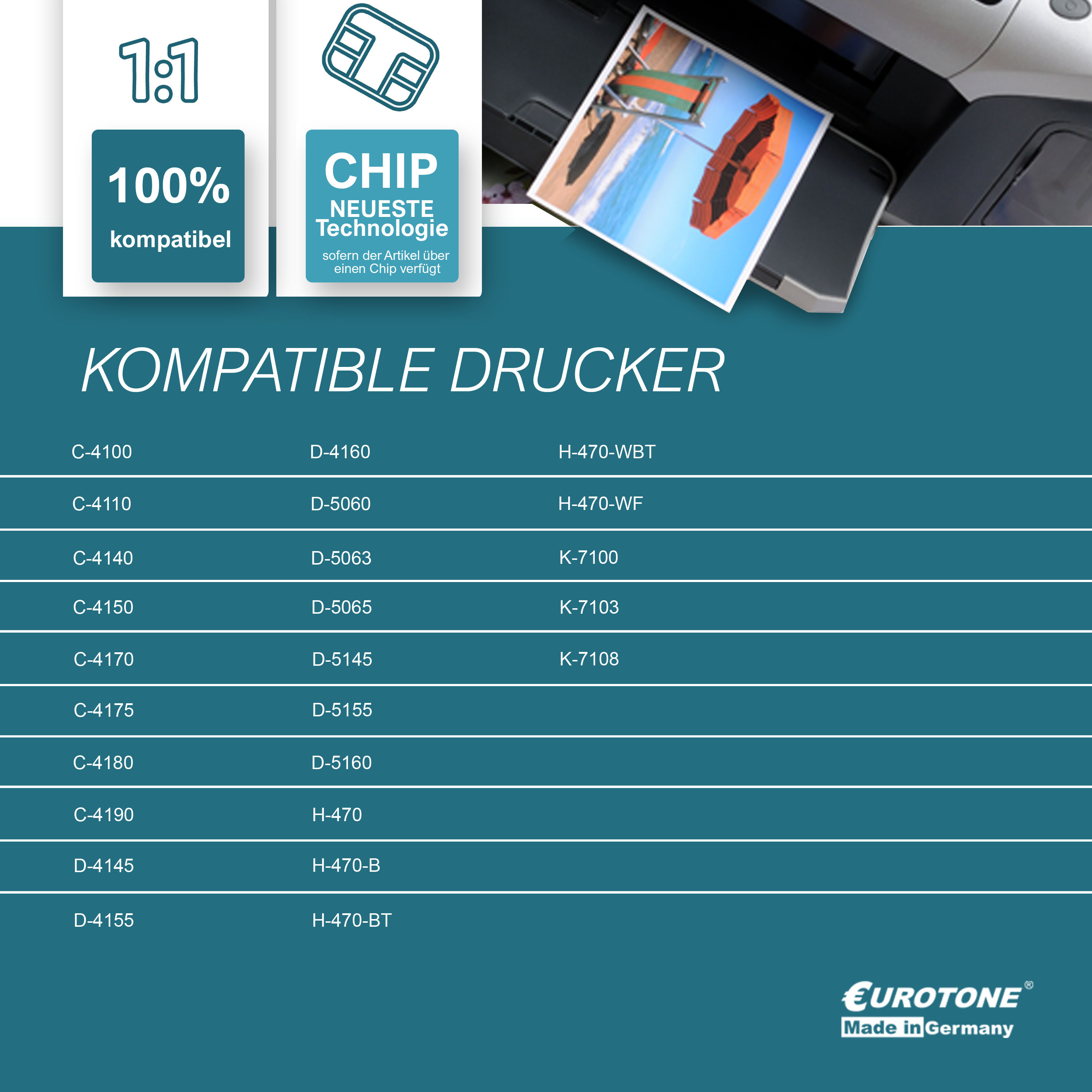 Eine Liste kompatibler Drucker und ein Drucker, der ein Bild eines Schirmes druckt.