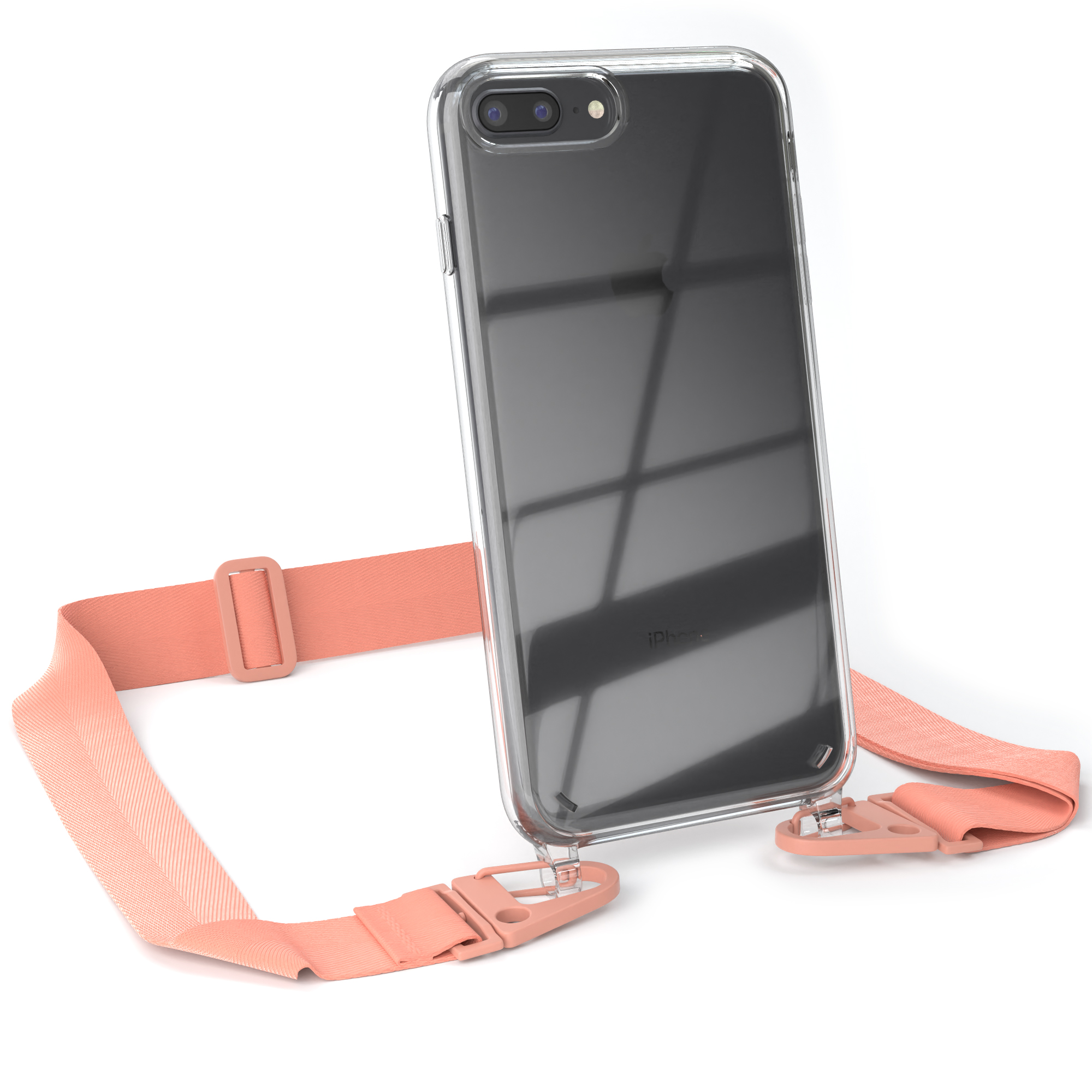 Transparente Handyhülle mit korallenfarbenem Gurt. Das Telefon ist transparent. Weißer Hintergrund.