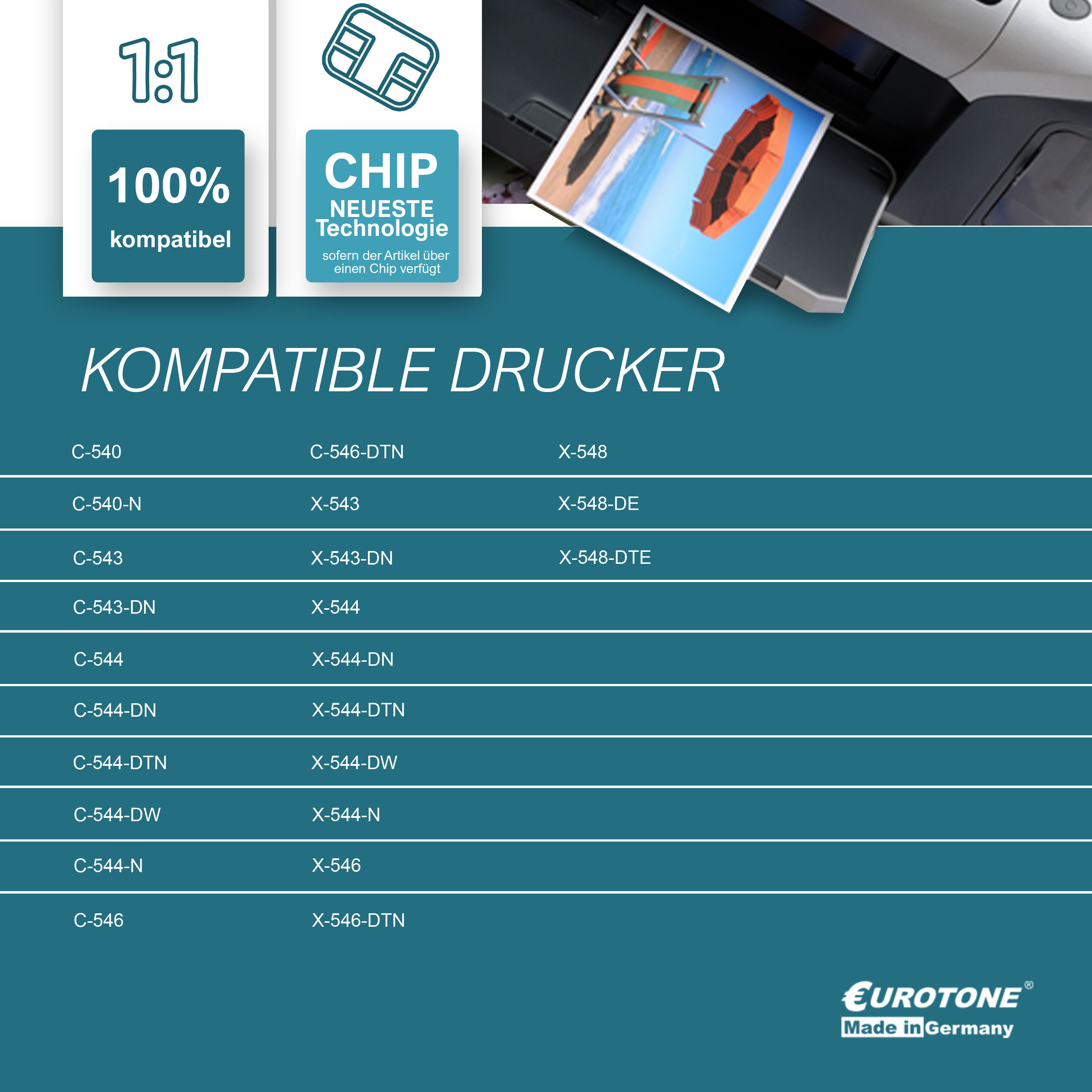 Liste der druckkompatiblen Drucker, einschließlich Modelle und Logos.