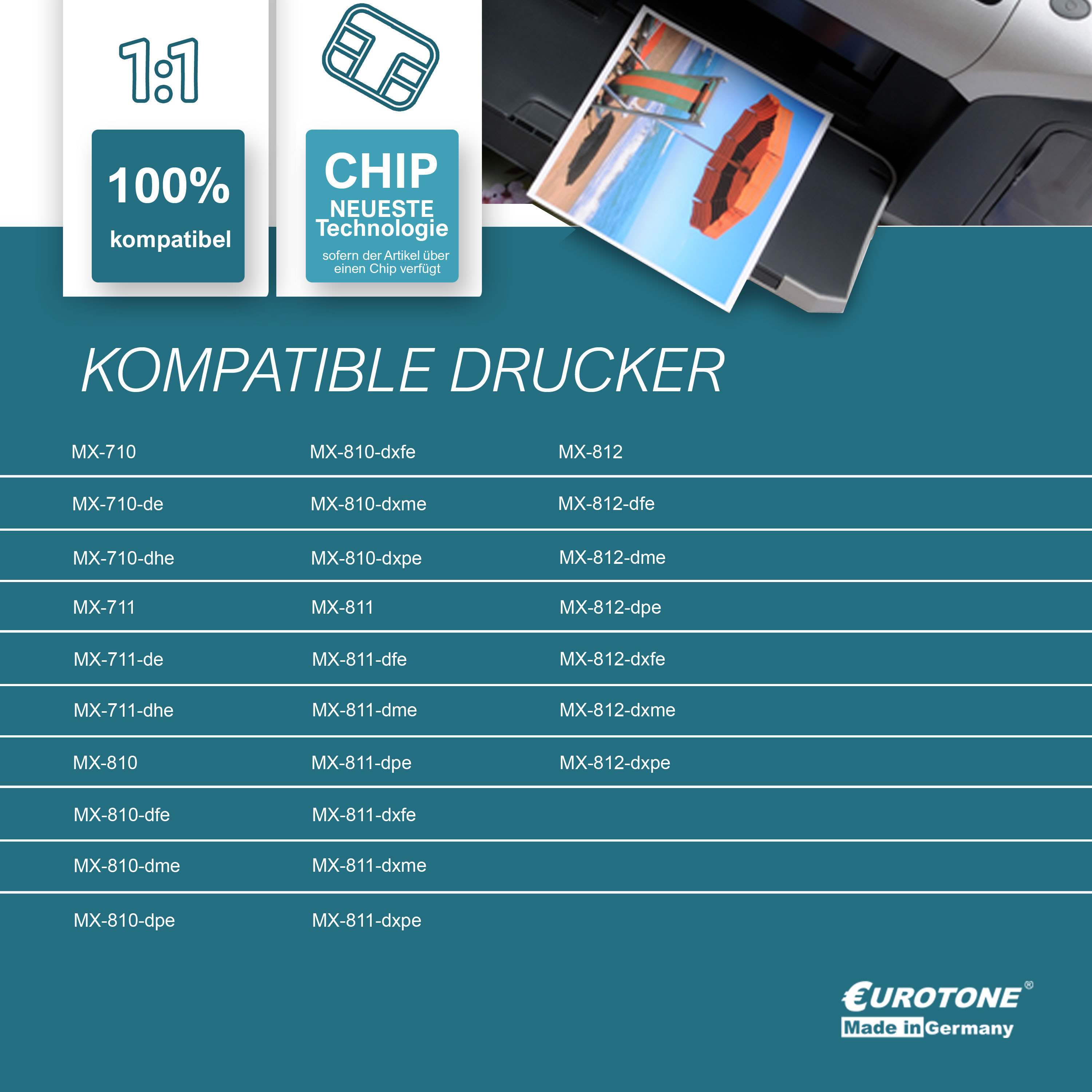 Drucker mit Bild eines Sonnenschirms. Text: 100% kompatibel, Chip-Technologie und Druckermodelle.