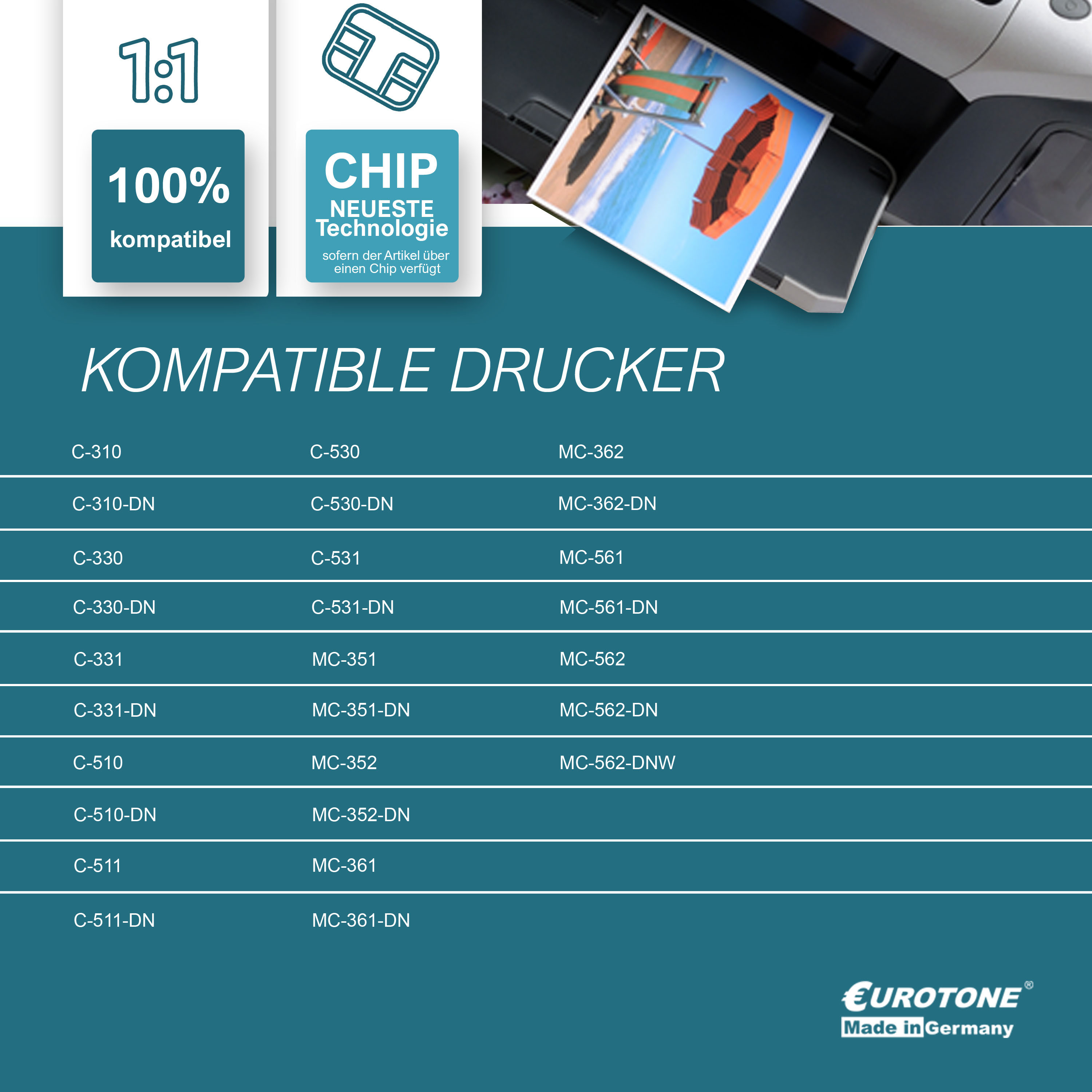 Drucker mit Fotoausdruck und Werbetext zur Kompatibilität.