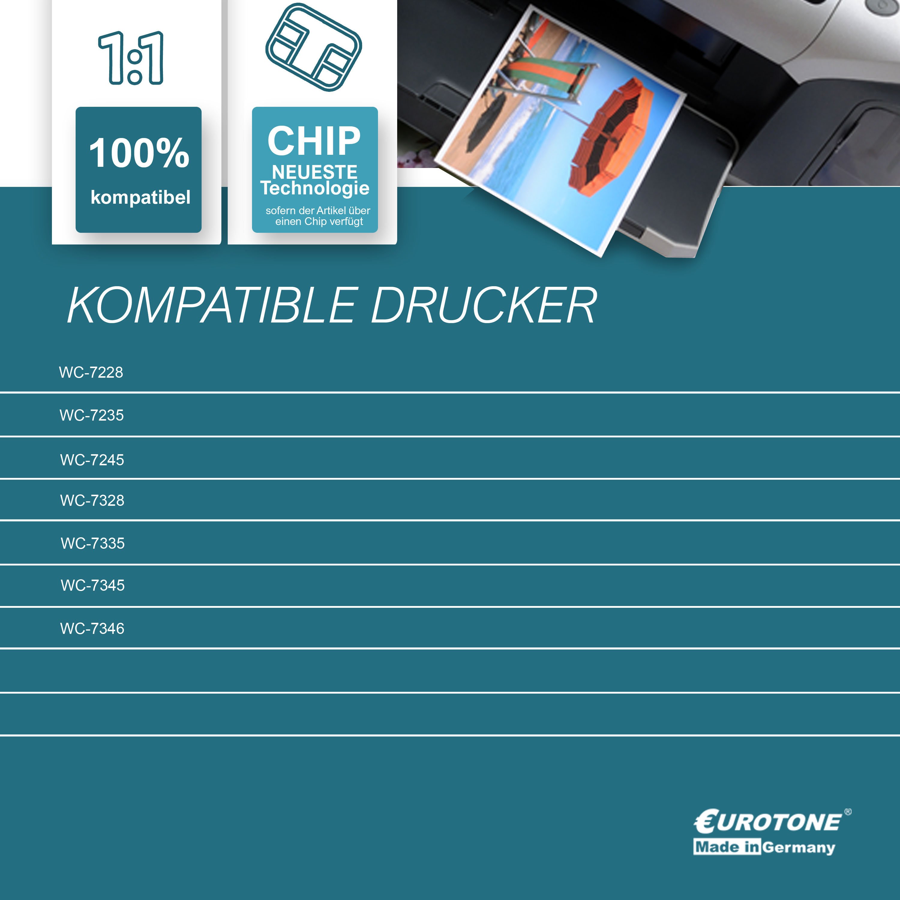 Drucker mit Foto, Text über kompatible Drucker und eine Liste von Modellnummern.