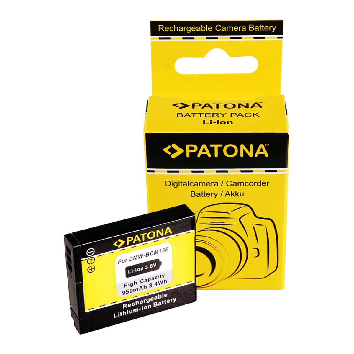 Gelb-schwarzes Akku-Pack und die dazugehörige Schachtel. Auf der Schachtel steht 'Patona Battery Pack Li-ion'.