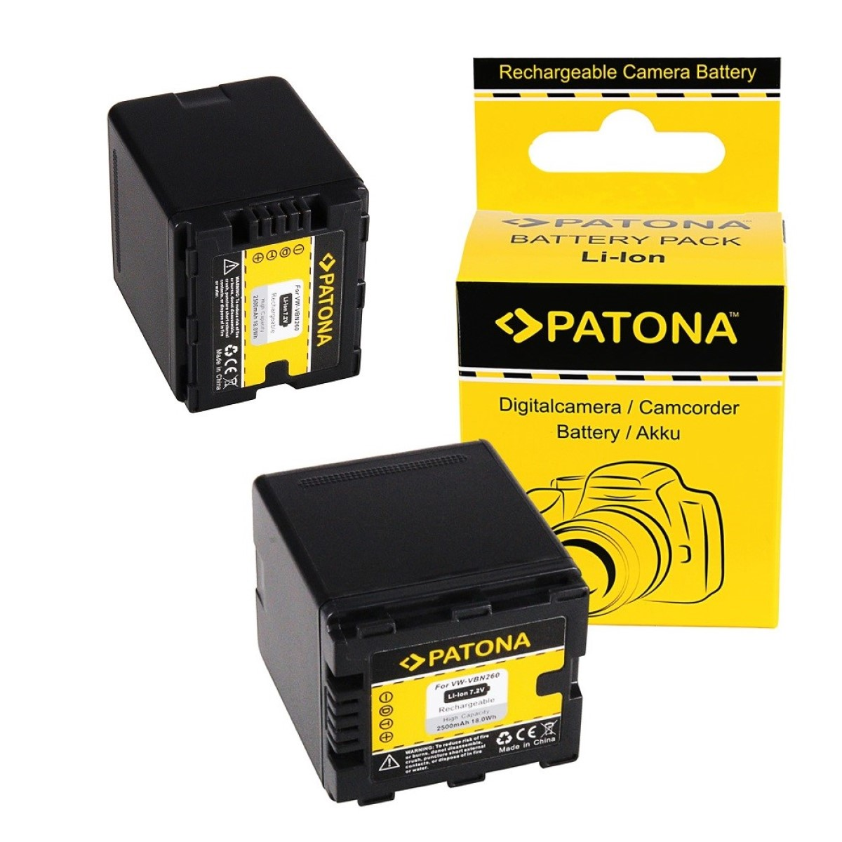 2x PATONA Panasonic Ersatzakku, 2 für Li-Ion Akku 2500mAh  Stück kompatibel HDC-SD800