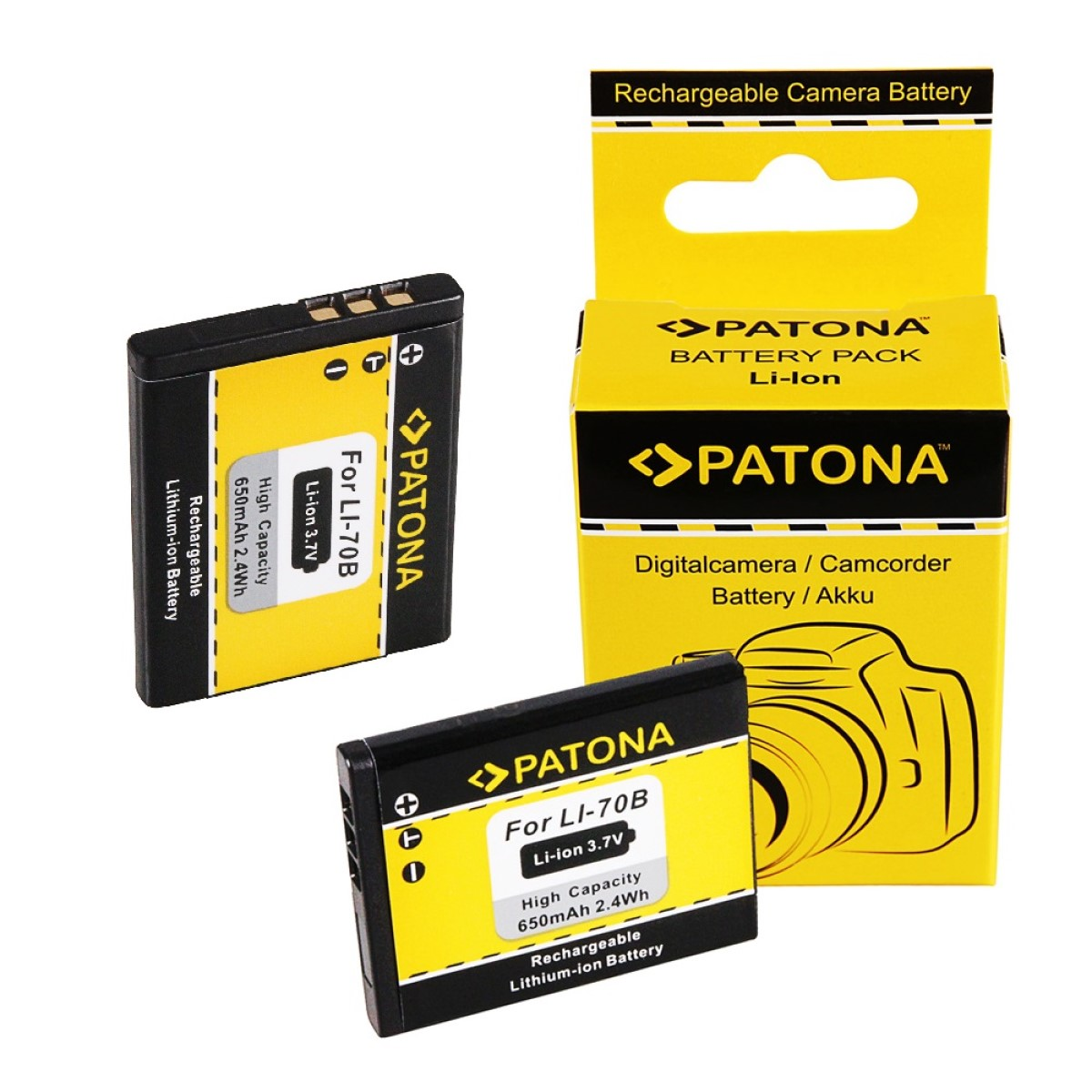 Zwei schwarze und gelbe wiederaufladbare Kamera-Akkus. Auf der Box steht 'PATONA' und 'Digitalcamera/Camcorder Battery/ Akku'.