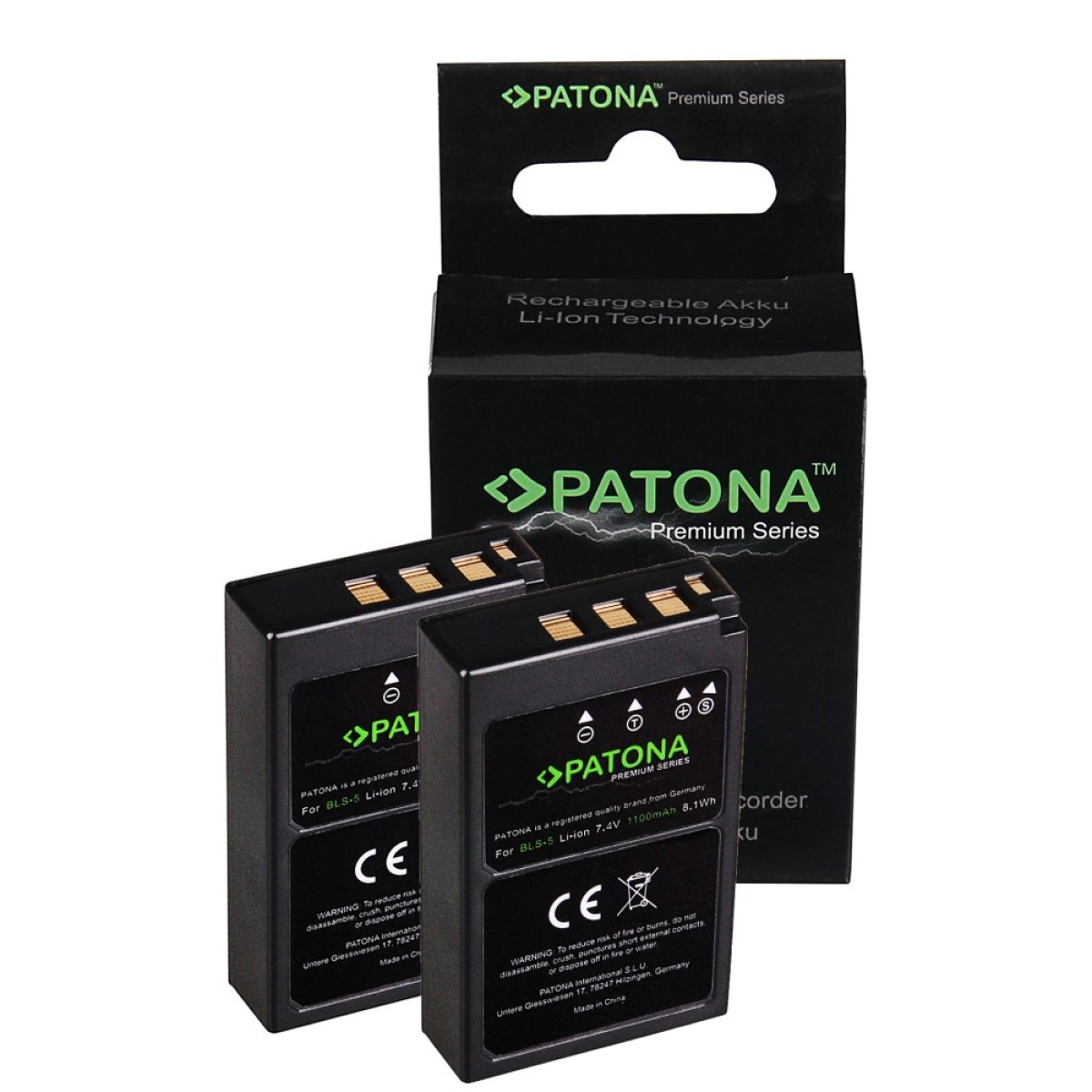 PATONA 2x Akku Li-Ion 2 Stück für BLS5 Ersatzakku, kompatibel 1100mAh  Olympus