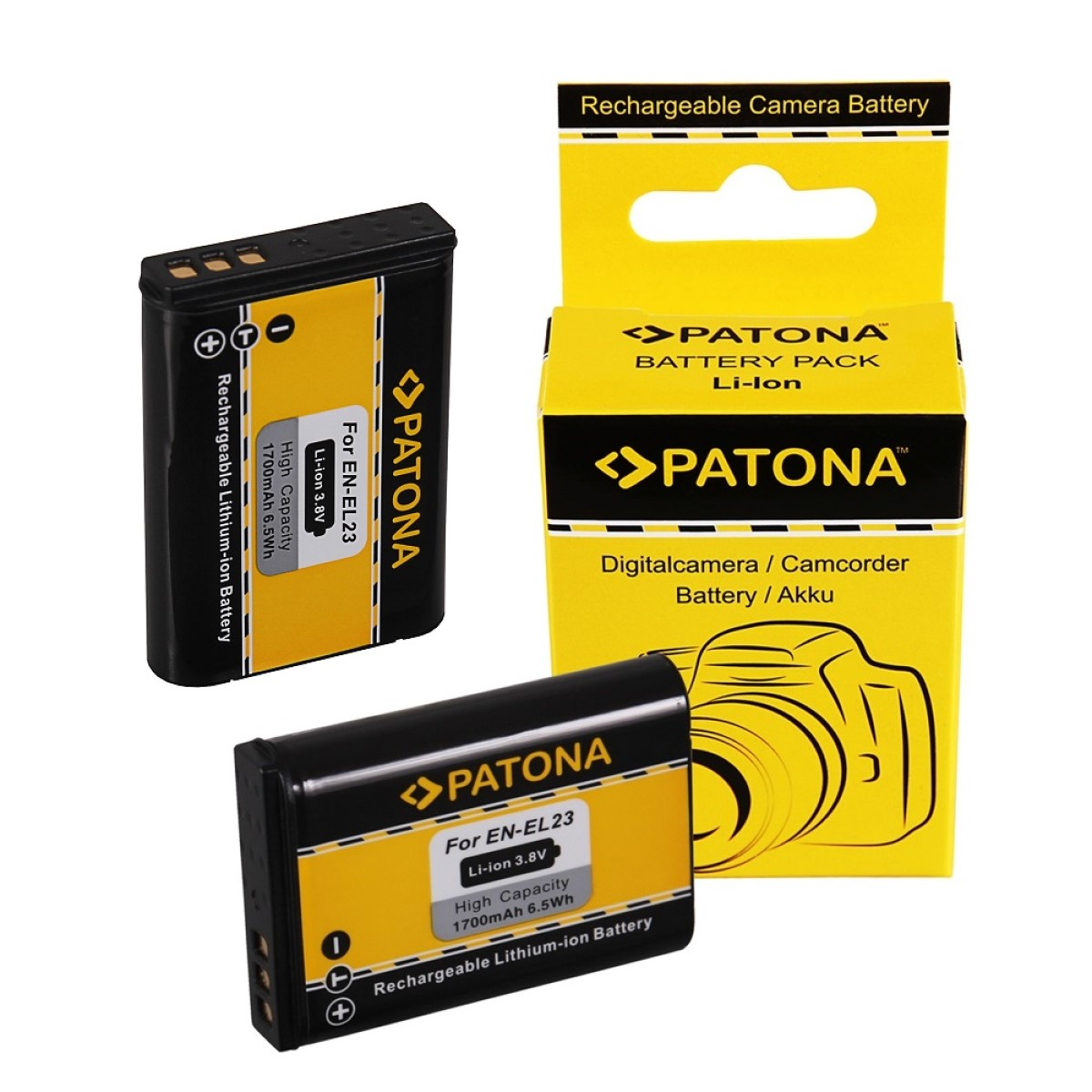 Zwei Akkus und eine gelbe Schachtel mit Kamera und Text 'PATONA Battery Pack Li-ion'.