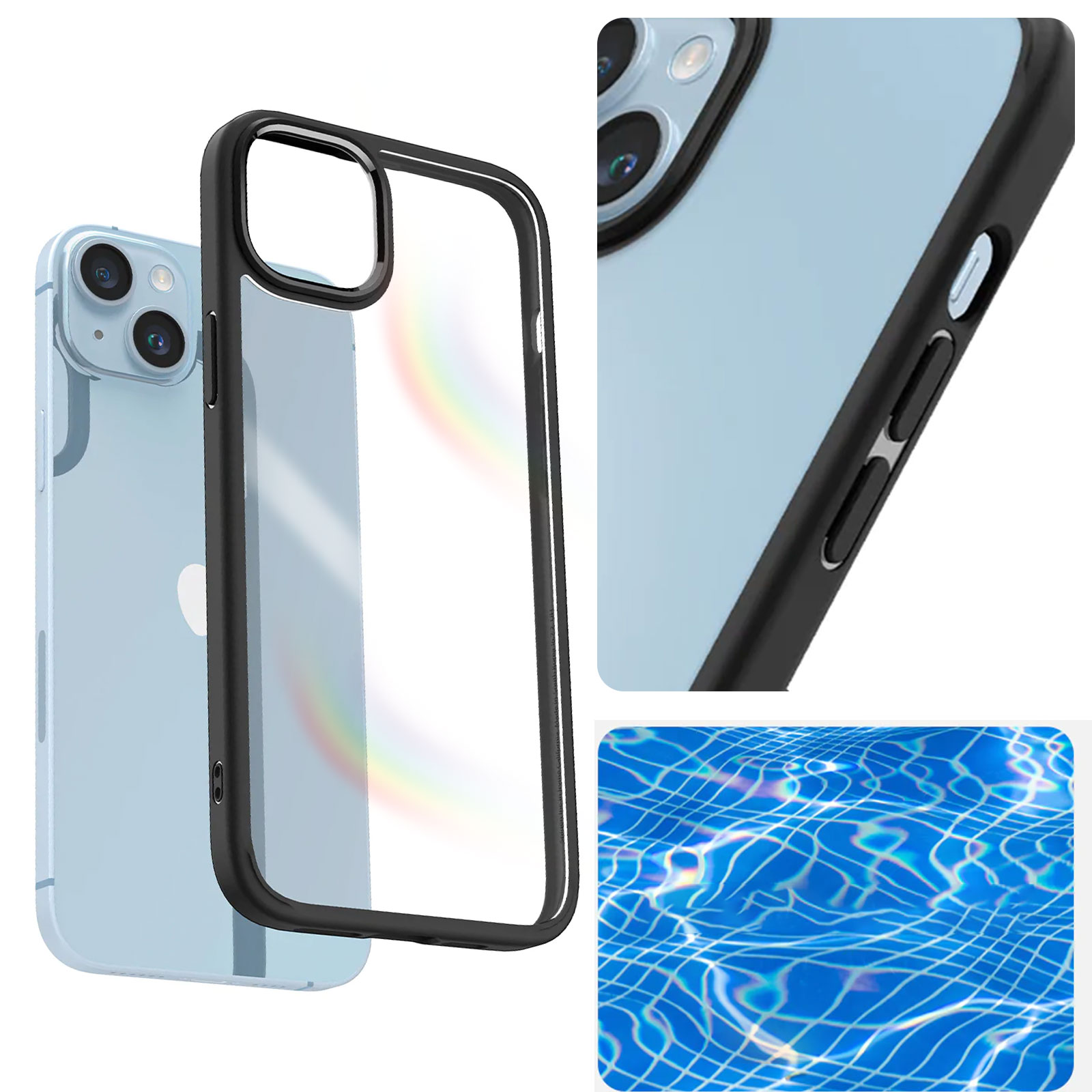 Custodia trasparente per telefono con cornice nera, telefono e sfondo d'acqua.