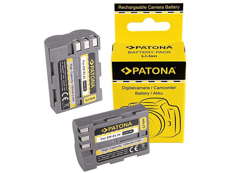 PATONA 2x Akku kompatibel für EN-EL3E Stück Li-Ion Ersatzakku, Nikon 2 Volt, 7.4 1300mAh