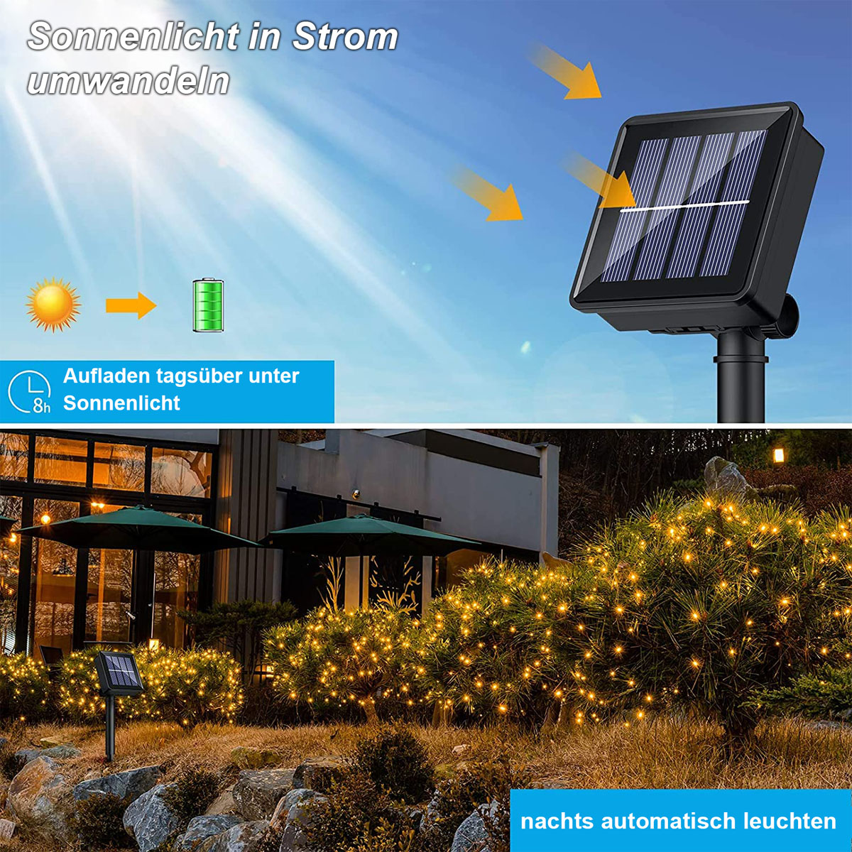 Ein Solarpanel, das zeigt, wie Sonnenlicht in Strom umgewandelt wird, beleuchtet die Szene nachts.