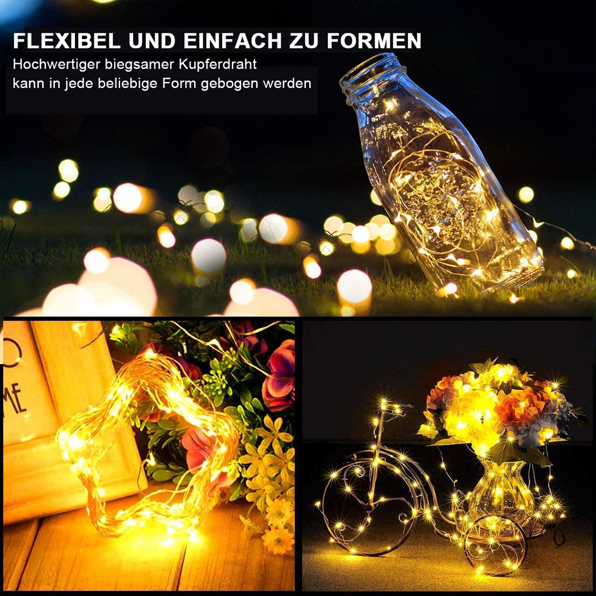 Lichterketten in einer Flasche, einem Stern und einem Fahrradkorb mit Blumen, alle mit warmen Lichtern beleuchtet.