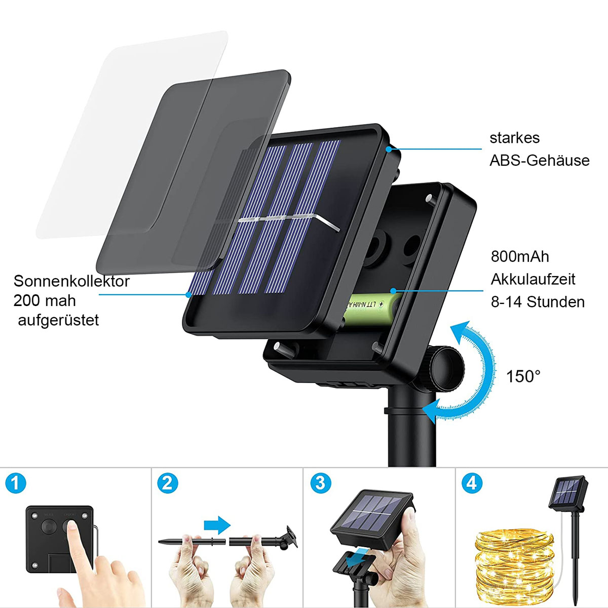 Diagramm der Solarmodulkomponenten. Zeigt verschiedene Teile, einschließlich Sonnenkollektor, Batterie und Montageschritte.