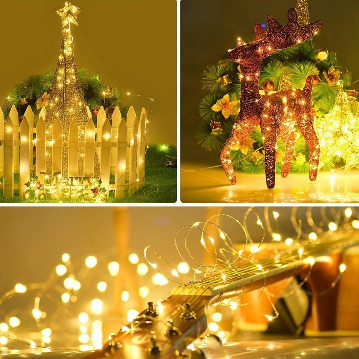 Weihnachtsbeleuchtung: Baum, Hirsch, Gitarre. Alles beleuchtet, festliche Szene.