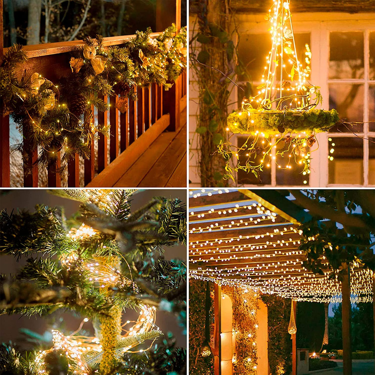 Vier Bilder mit Weihnachtsbeleuchtung auf einem Deck, hängend und um einen Baum und eine Pergola gewickelt.