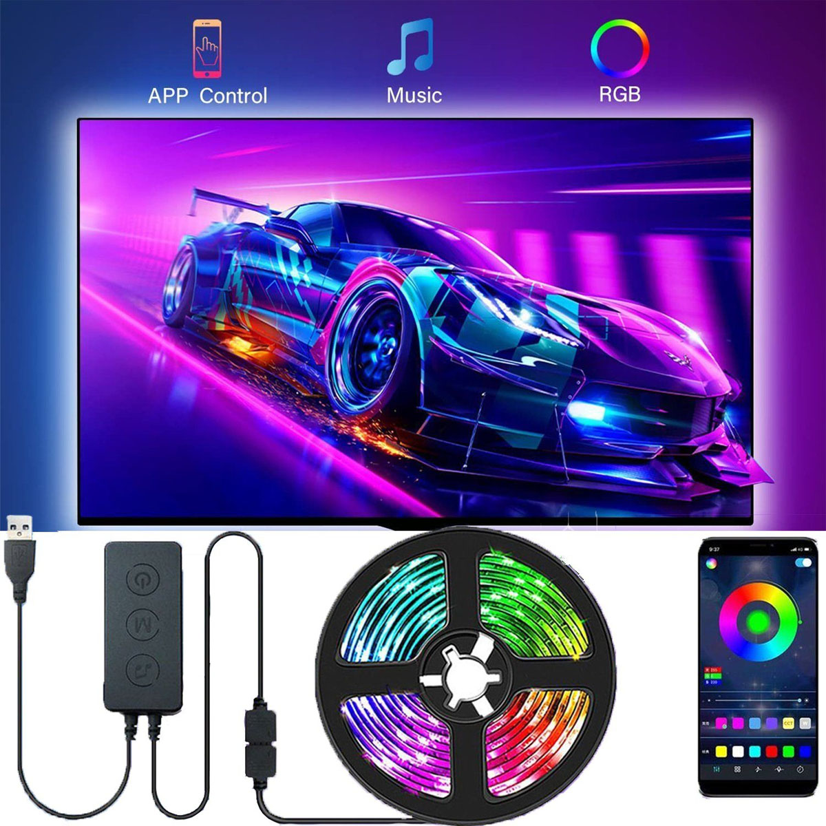 4M App,LED Bluetooth TV-Hintergrundbeleuchtung Stripe,RGB LED-Streifen, Farbig LAMON LED 4M, Bluetooth