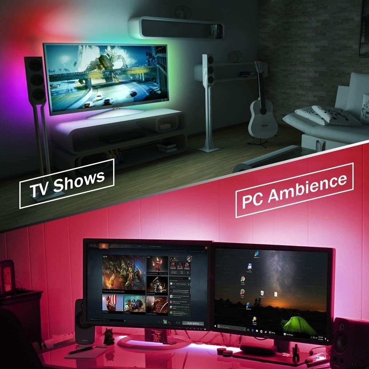 Ein Raum mit LED-Streifenlichtern. TV-Shows und PC-Ambiente-Beleuchtung eingerichtet.