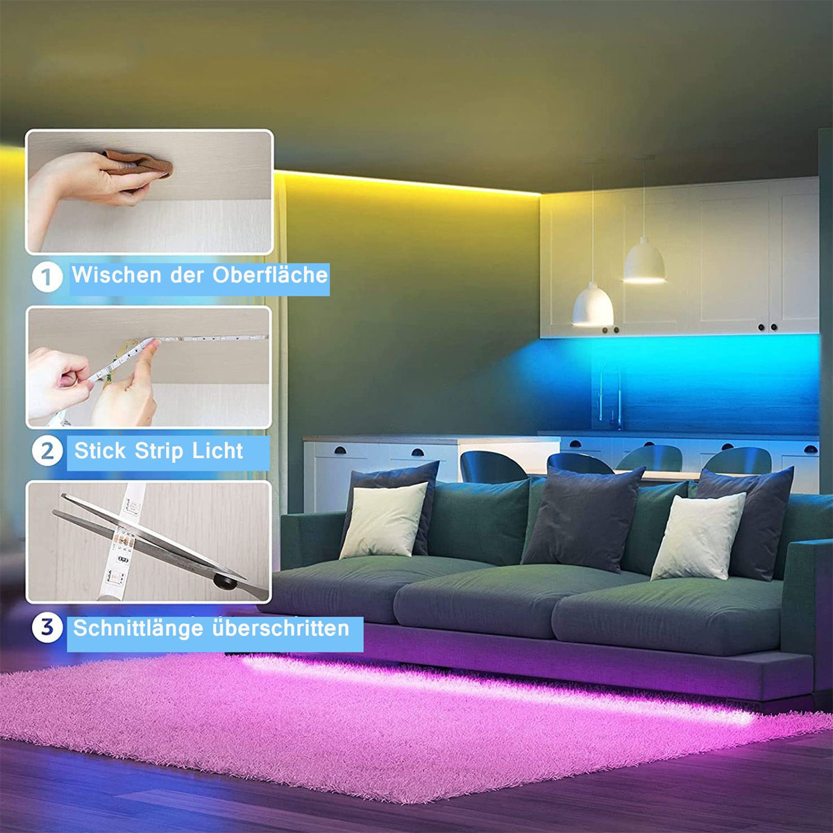 Anweisungen zur Installation von LED-Streifen an Wand und Sofa.