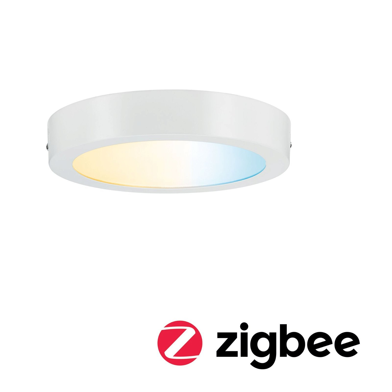 Biała okrągła lampa sufitowa z żółtą i niebieską poświatą. Logo Zigbee na dole.