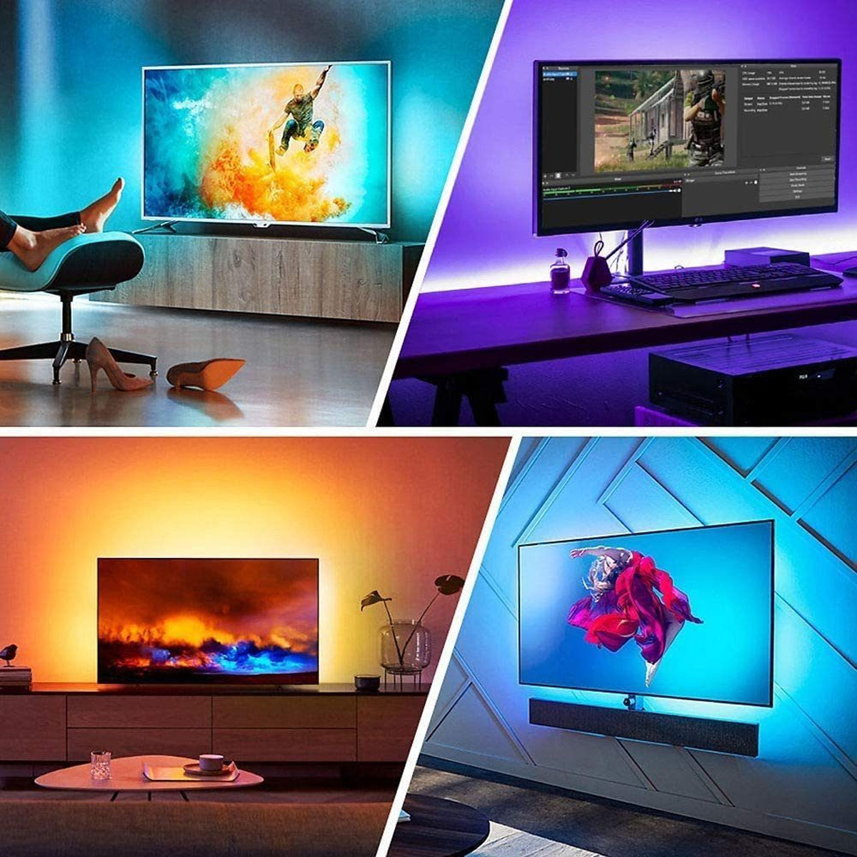 Vier Bilder von Fernsehern mit LED-Beleuchtung. Verschiedene Farben und Setups werden gezeigt.