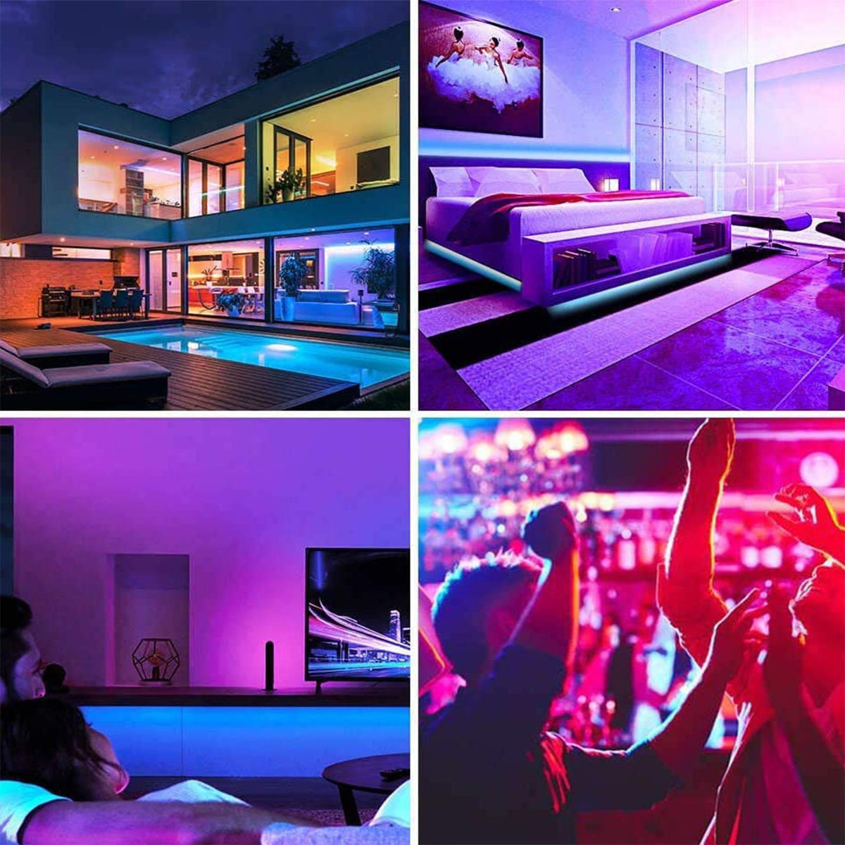 Vier Bilder, die ein modernes Haus, Schlafzimmer, Wohnzimmer und Party mit bunten LED-Leuchten zeigen.