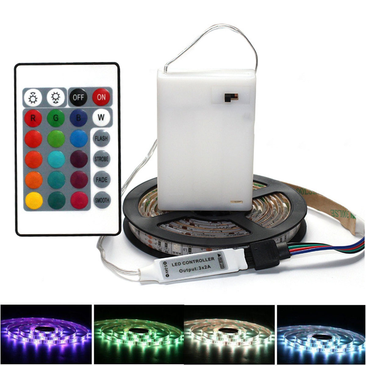 Tiras de luces LED con control remoto y batería.