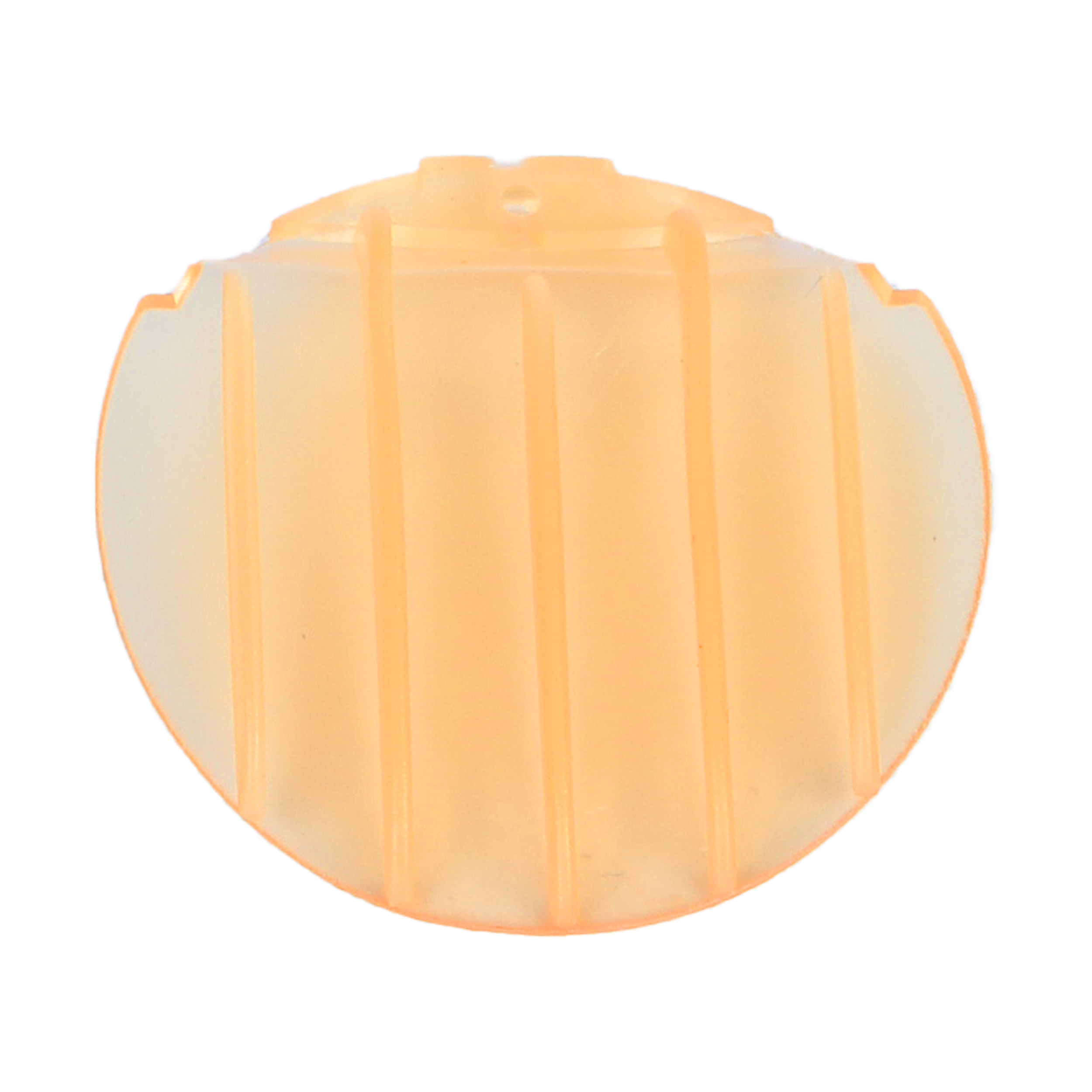 Orangenes, geriffeltes, kreisförmiges Objekt, wahrscheinlich ein Lichtdiffusor, auf weißem Grund.