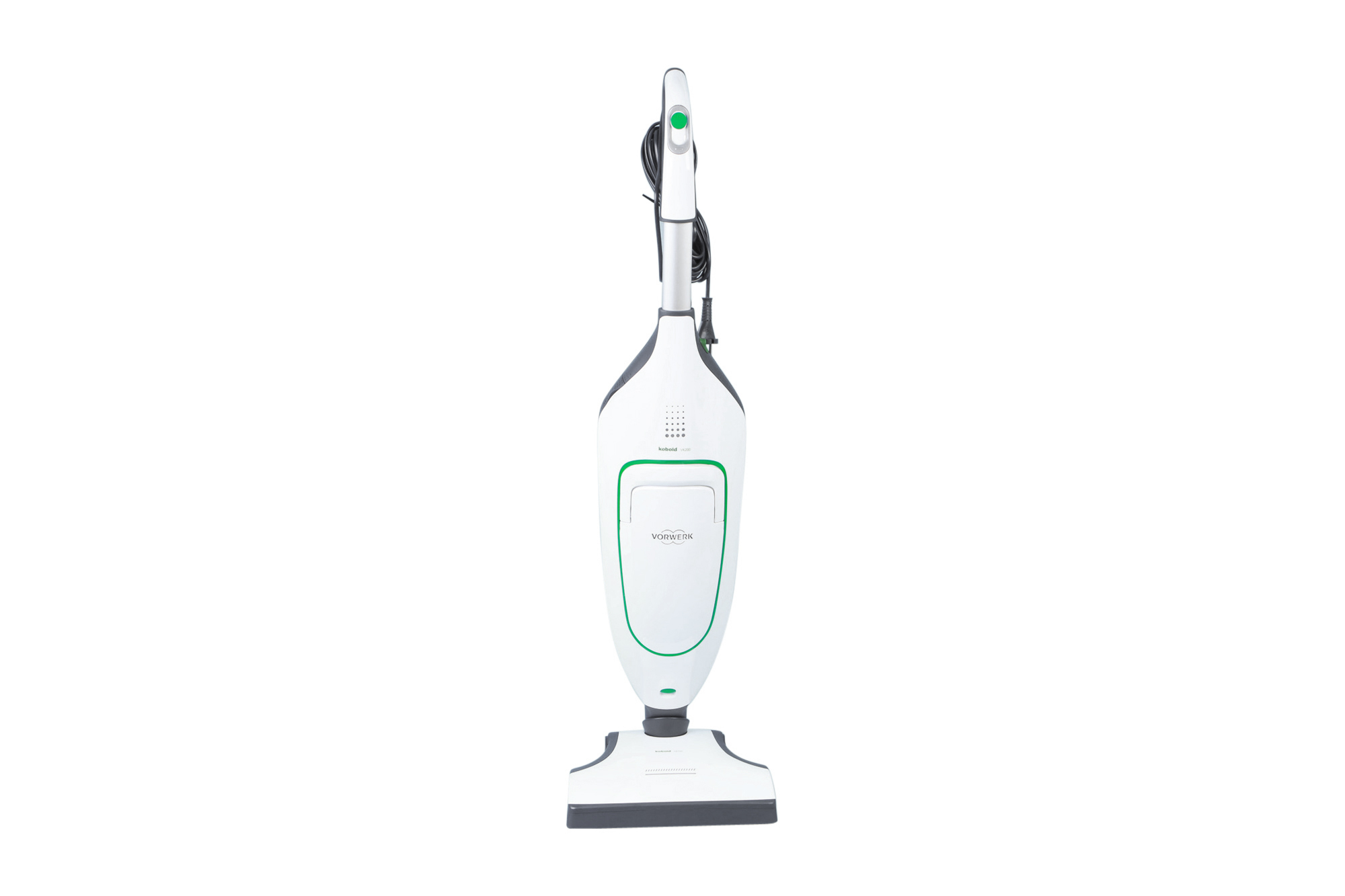 Ein weißer und grüner Vorwerk Staubsauger, der aufrecht steht. Er steht vor weißem Hintergrund.