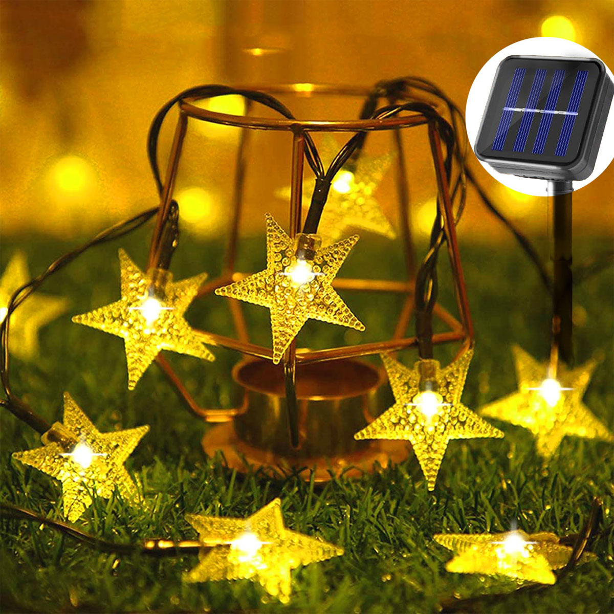 LAMON Solar Lichterkette Solar-Lichterketten, Solarleuchte, LED-Lichter, Stern, 50 LED Lichtbalken, 7M Warmweiß Lichter Sternen-Lichterkette