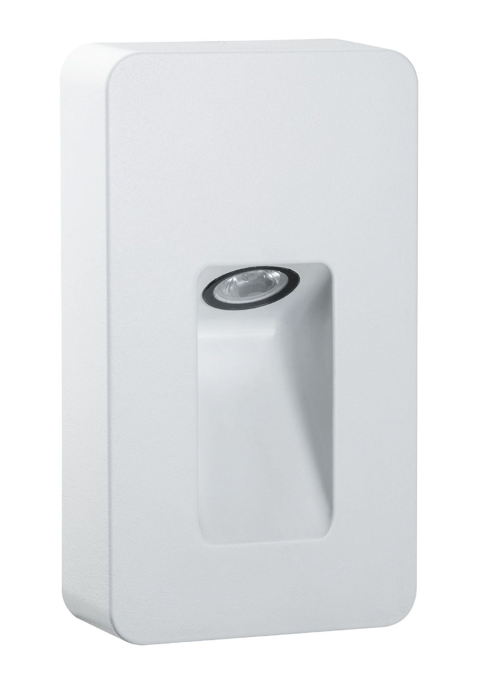 Biała, prostokątna oprawa oświetleniowa z wpuszczonym światłem i ciemnym pierścieniem wewnętrznym.