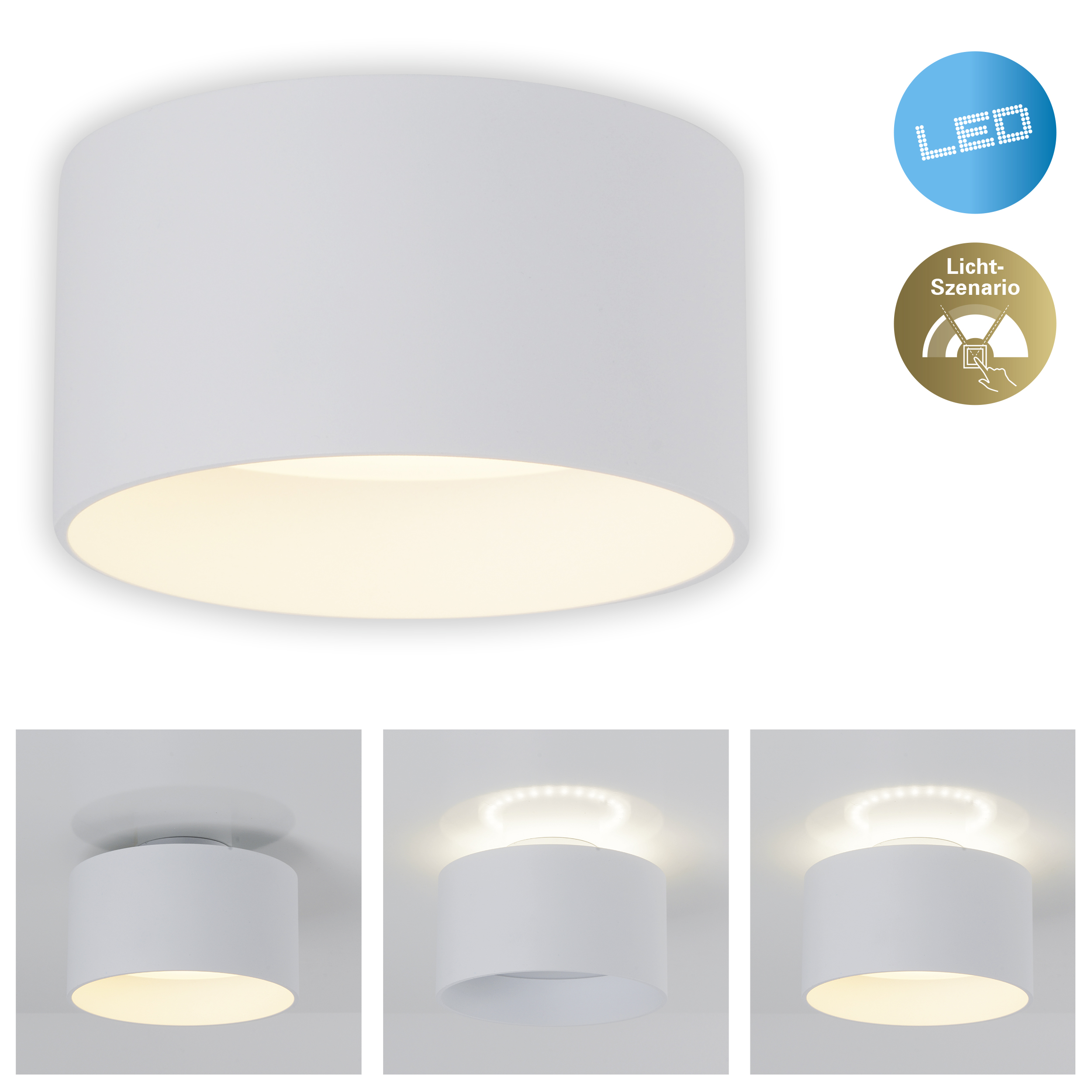 Das Bild zeigt eine weiße Deckenlampe mit verschiedenen Lichteinstellungsoptionen.