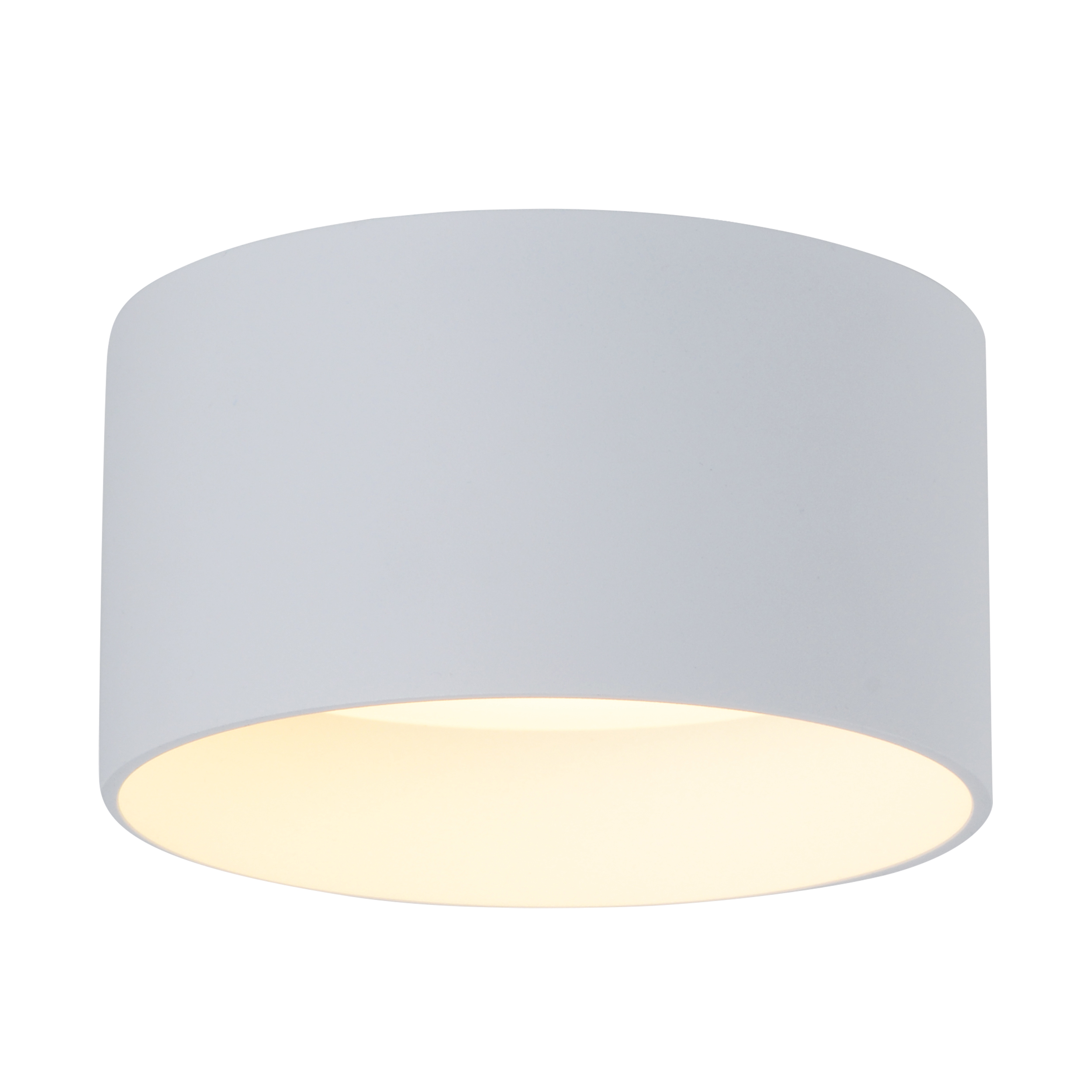 Weiße, zylindrische Deckenleuchte, die Licht emittiert. Einfaches, minimalistisches Design. Weißer Hintergrund.
