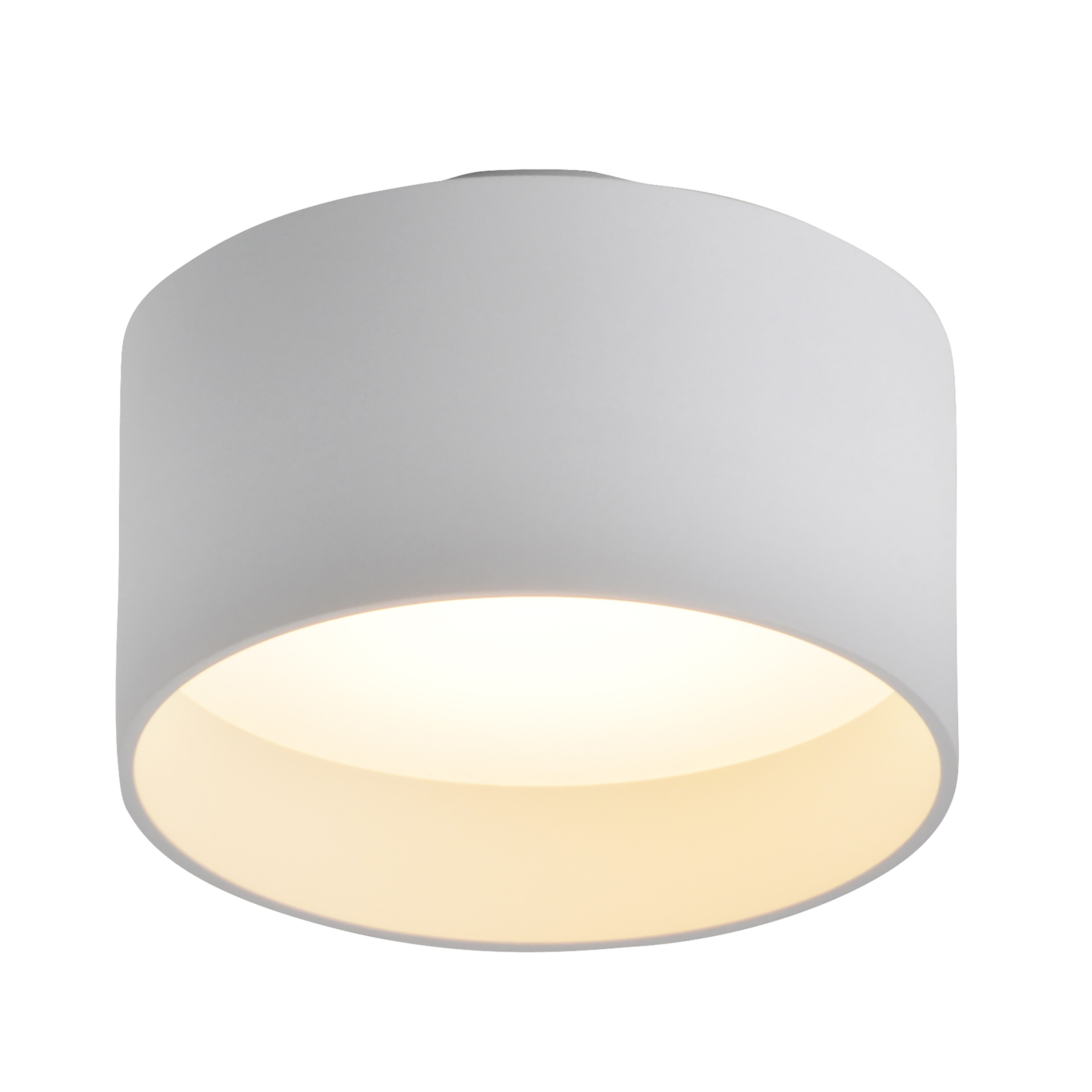 Weiße Deckenlampe mit runder Form. Sie wird von innen beleuchtet.