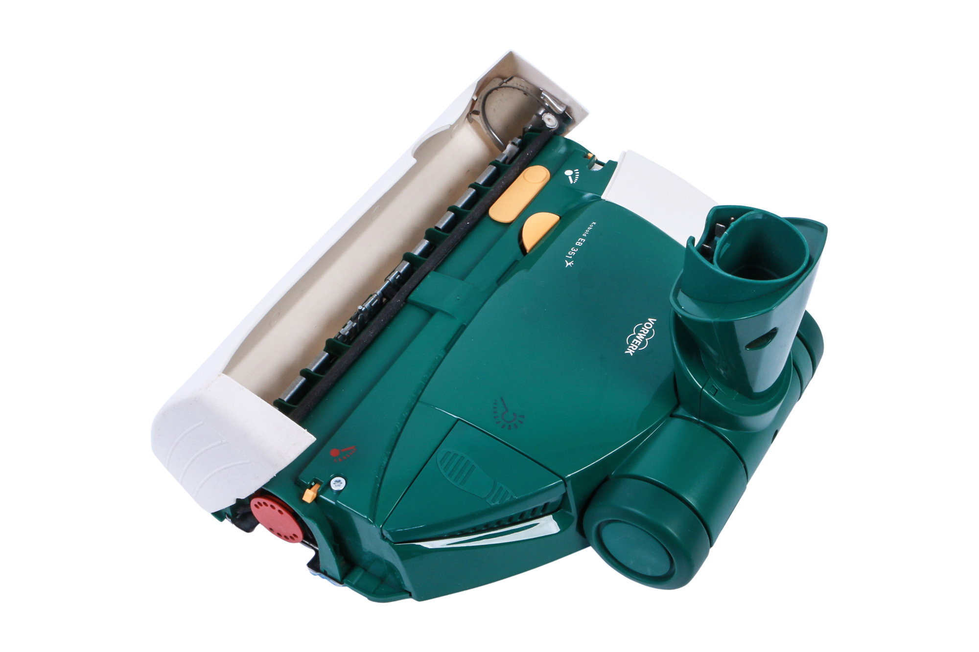 Das Bild zeigt einen Staubsaugerkopf, grün und weiß, auf weißem Hintergrund, mit Vorwerk-Logo.