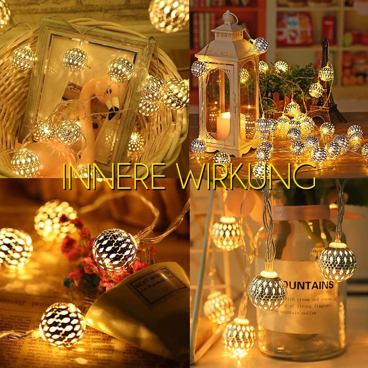 Collage von dekorativen Lichterketten mit goldenen Metallkugeln, die verschiedene Umgebungen beleuchten.