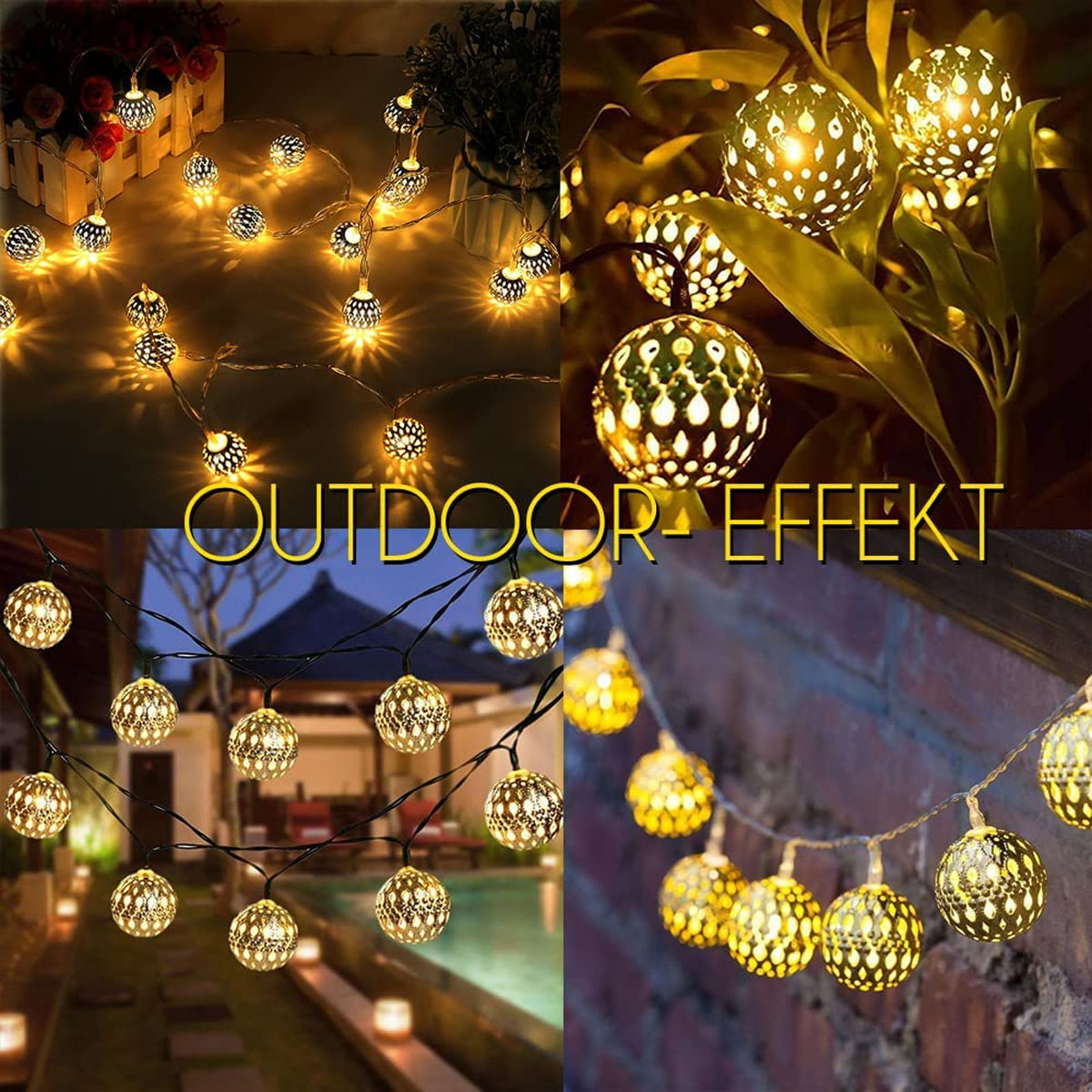 Collage von Outdoor-Lichterketten. Einige befinden sich in einem Garten, andere sind Nahaufnahmen.