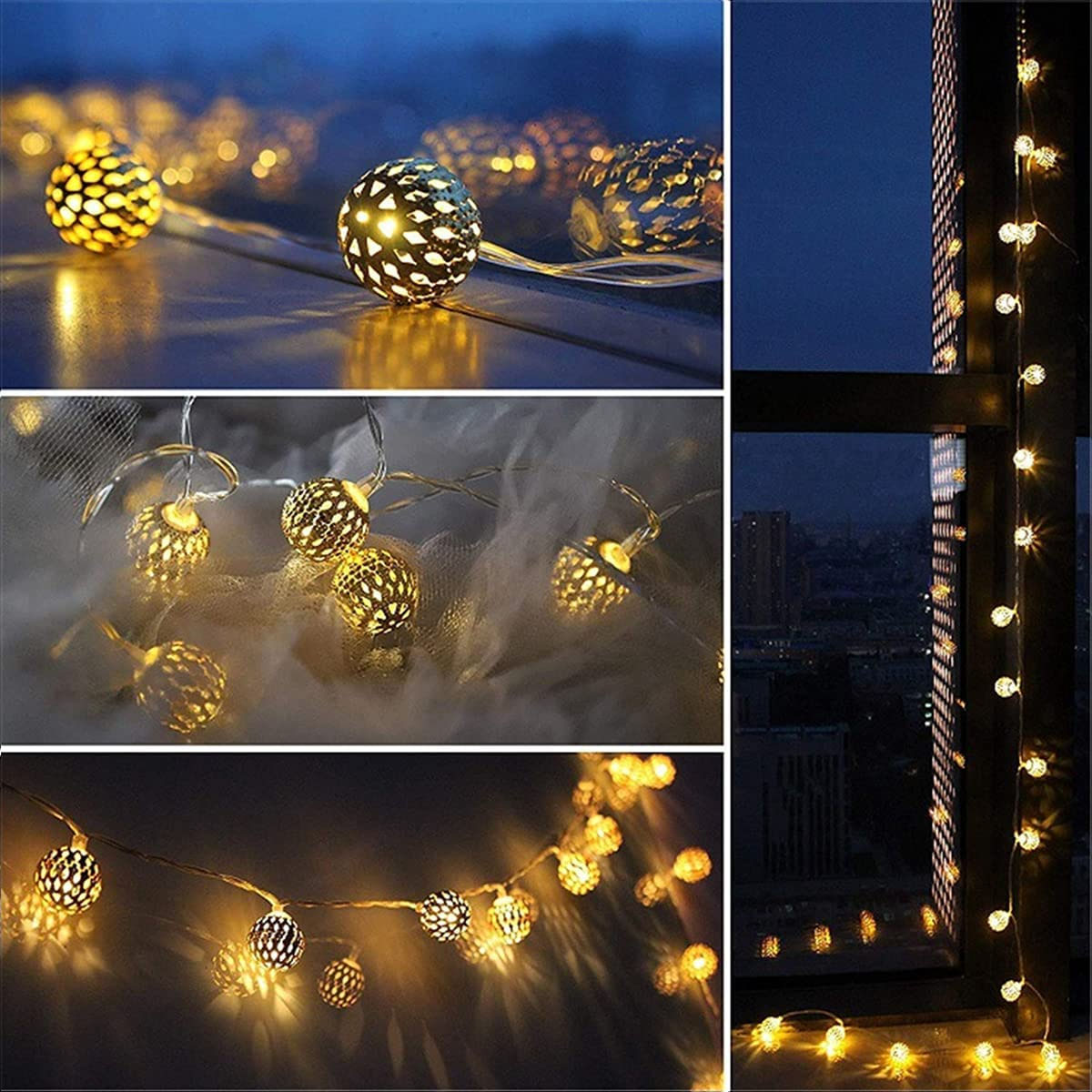Eine Collage von Szenen mit goldenen Kugellichtern, bei Nacht und in einem Fenster. Dunkler Hintergrund.