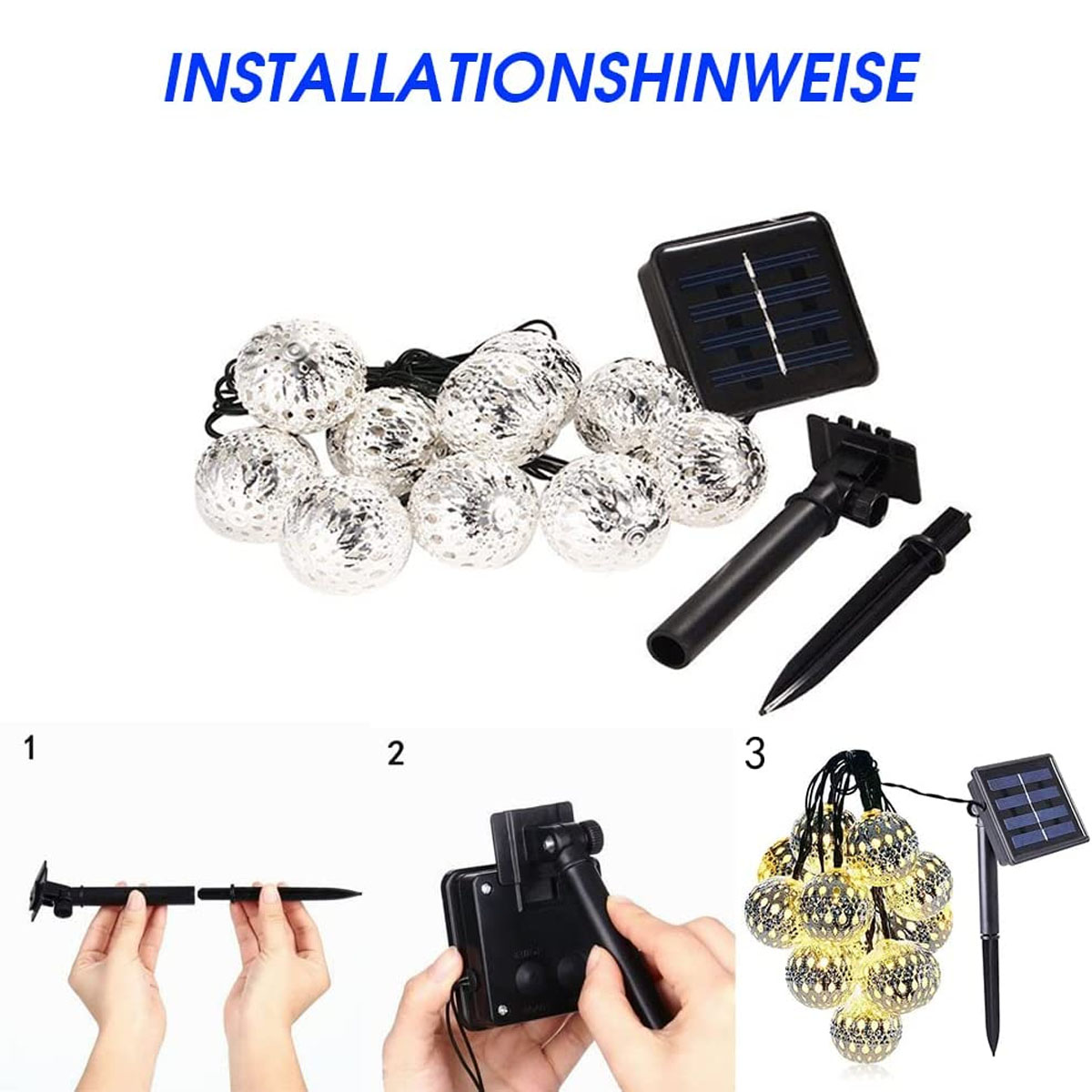 Bild zeigt Anweisungen zur Installation von Solarleuchten, mit Komponenten und nummerierten Schritten.