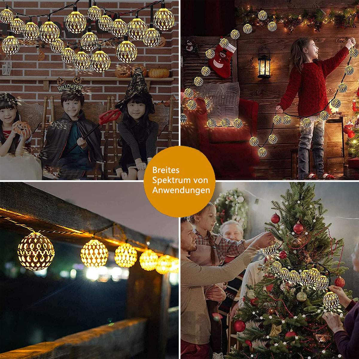 Eine Collage von Bildern zeigt Kinder mit Lichtern und Menschen, die einen Weihnachtsbaum schmücken.