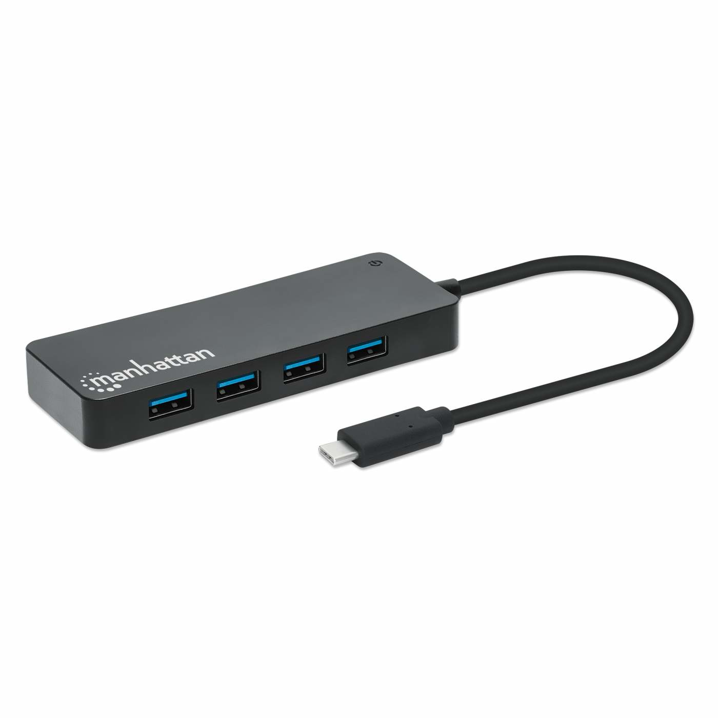 Hub USB nero con quattro porte USB e connettore USB-C su sfondo bianco.