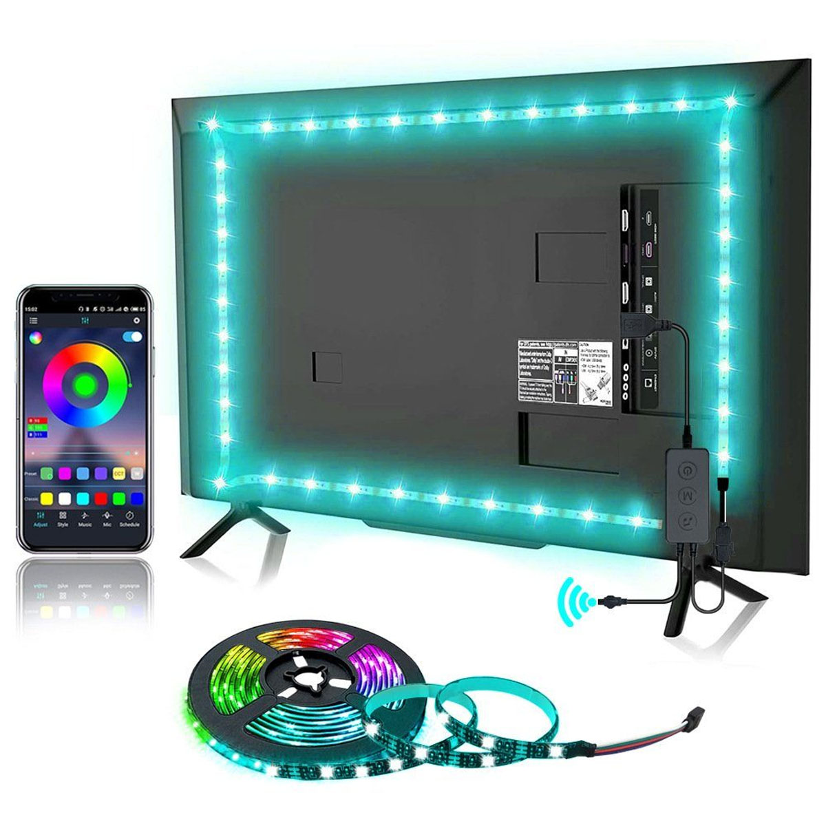 Ein Fernseher mit LED-Streifen an den Rändern. Ein Smartphone mit Farbrad ist sichtbar.