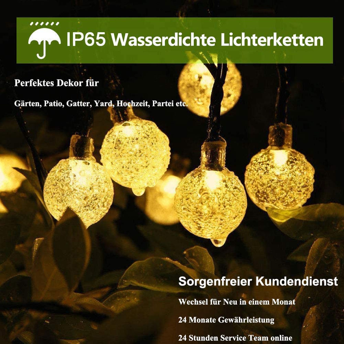 Lichterkette mit leuchtenden Glühbirnen, Text über Wasserdichtigkeit und Kundenservice.