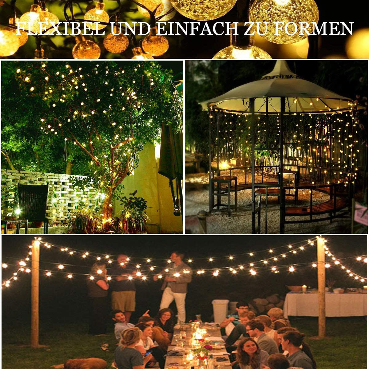 Lichterketten beleuchten Bäume, Pavillon und Essbereich und schaffen eine festliche Atmosphäre im Freien.