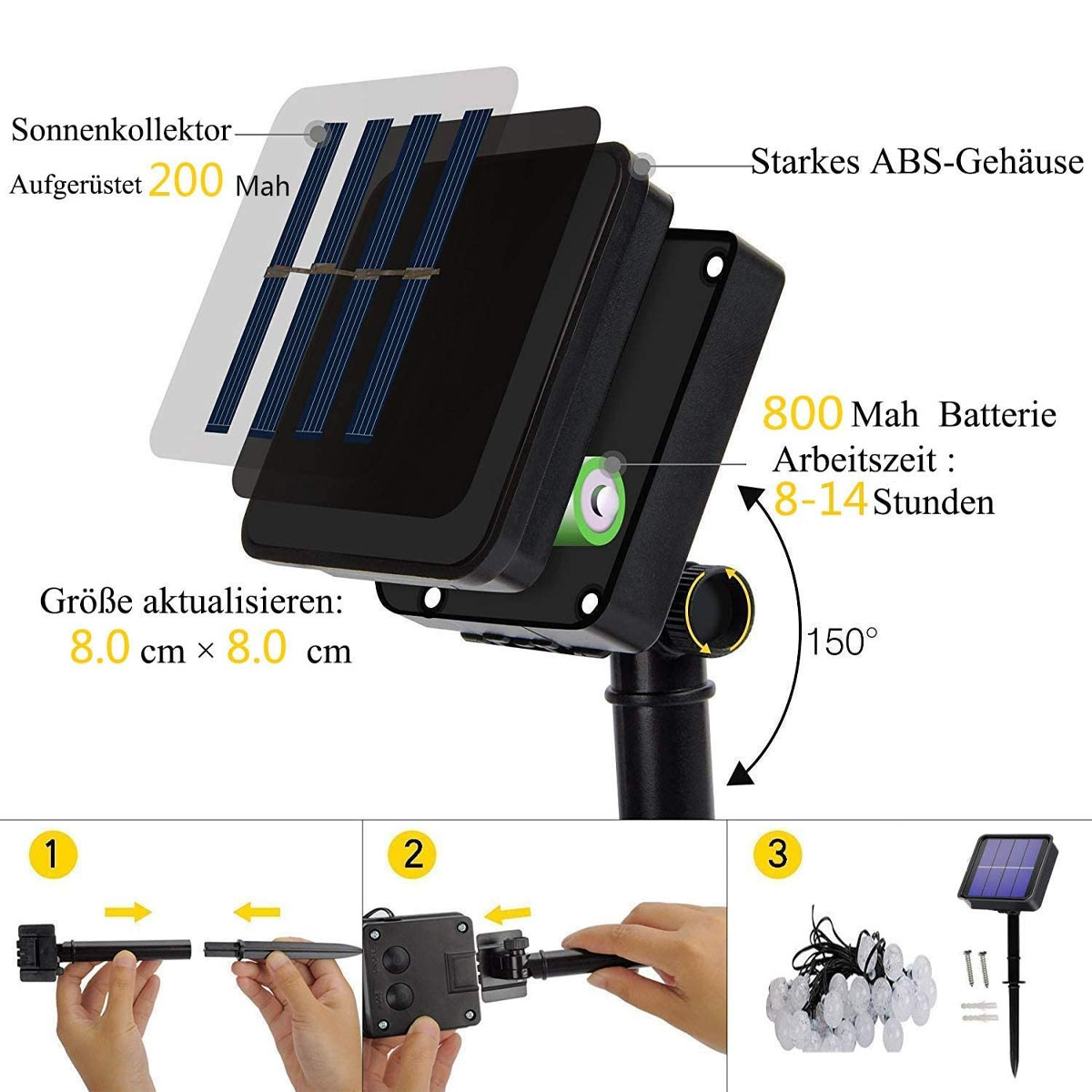 Solarpanel mit Batterie und Detaildiagrammen, die Montageschritte und Spezifikationen zeigen.